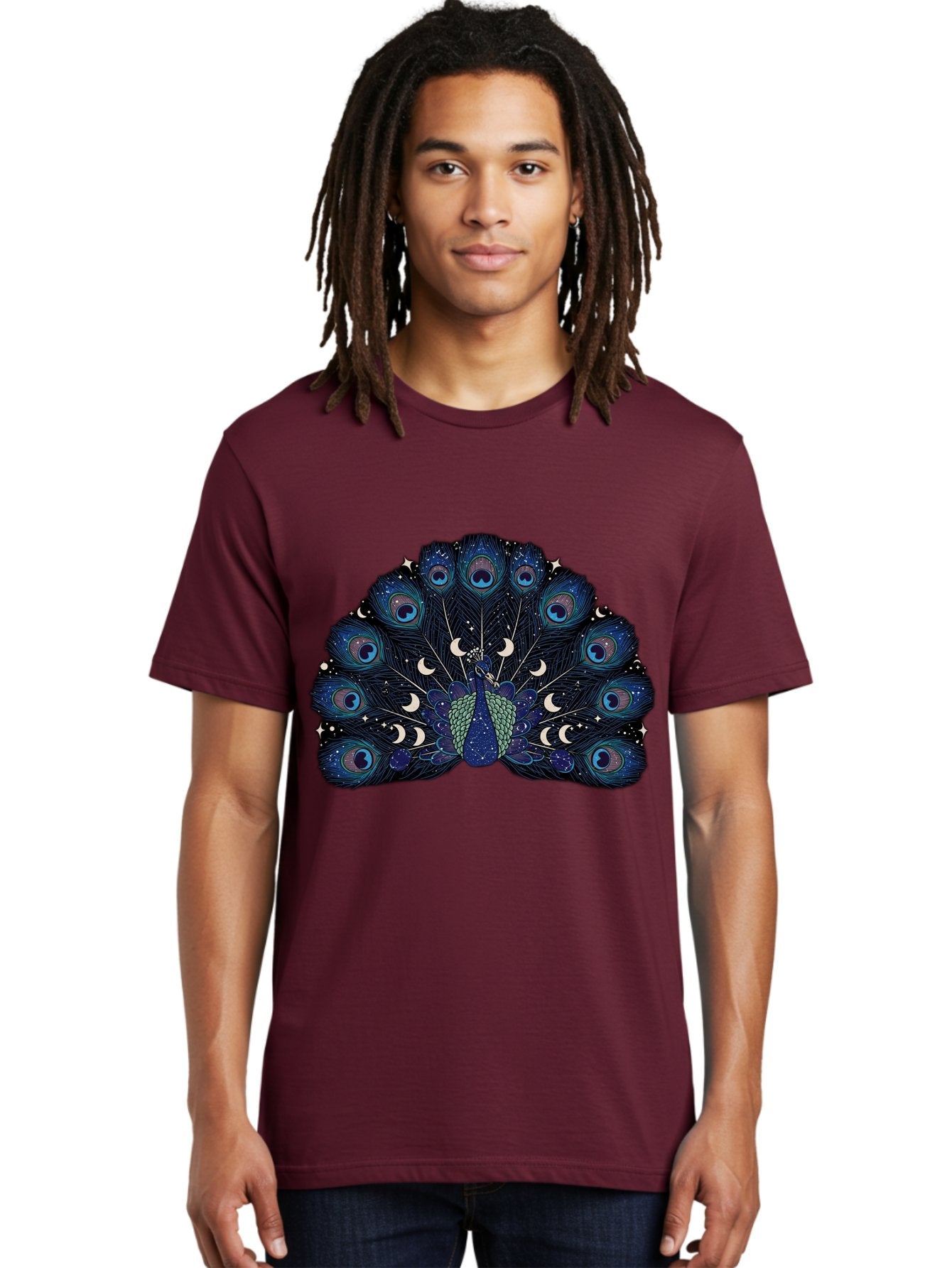 Celestial-Peacock Men'S Graphic Tee, 100% Cotton, Comfortable Casual Summer Wear, Machine Washable, Peacock, Moon Phases, Celestial, Night Sky, Stars, Crescent Moons, Blue Feathers, Eye-Catching, Vibrant, Lunar Cycle, Mystical, Night, Magic Baa280 21