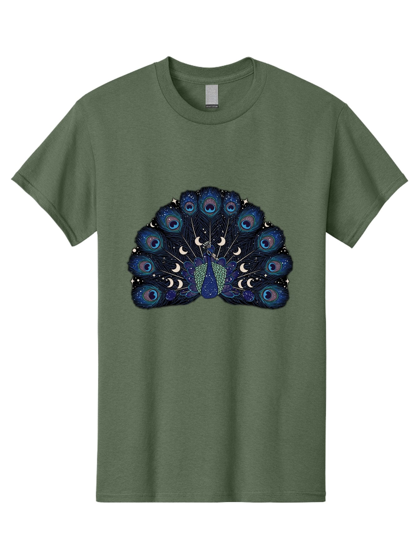 Celestial-Peacock Men'S Graphic Tee, 100% Cotton, Comfortable Casual Summer Wear, Machine Washable, Peacock, Moon Phases, Celestial, Night Sky, Stars, Crescent Moons, Blue Feathers, Eye-Catching, Vibrant, Lunar Cycle, Mystical, Night, Magic Baa280 4