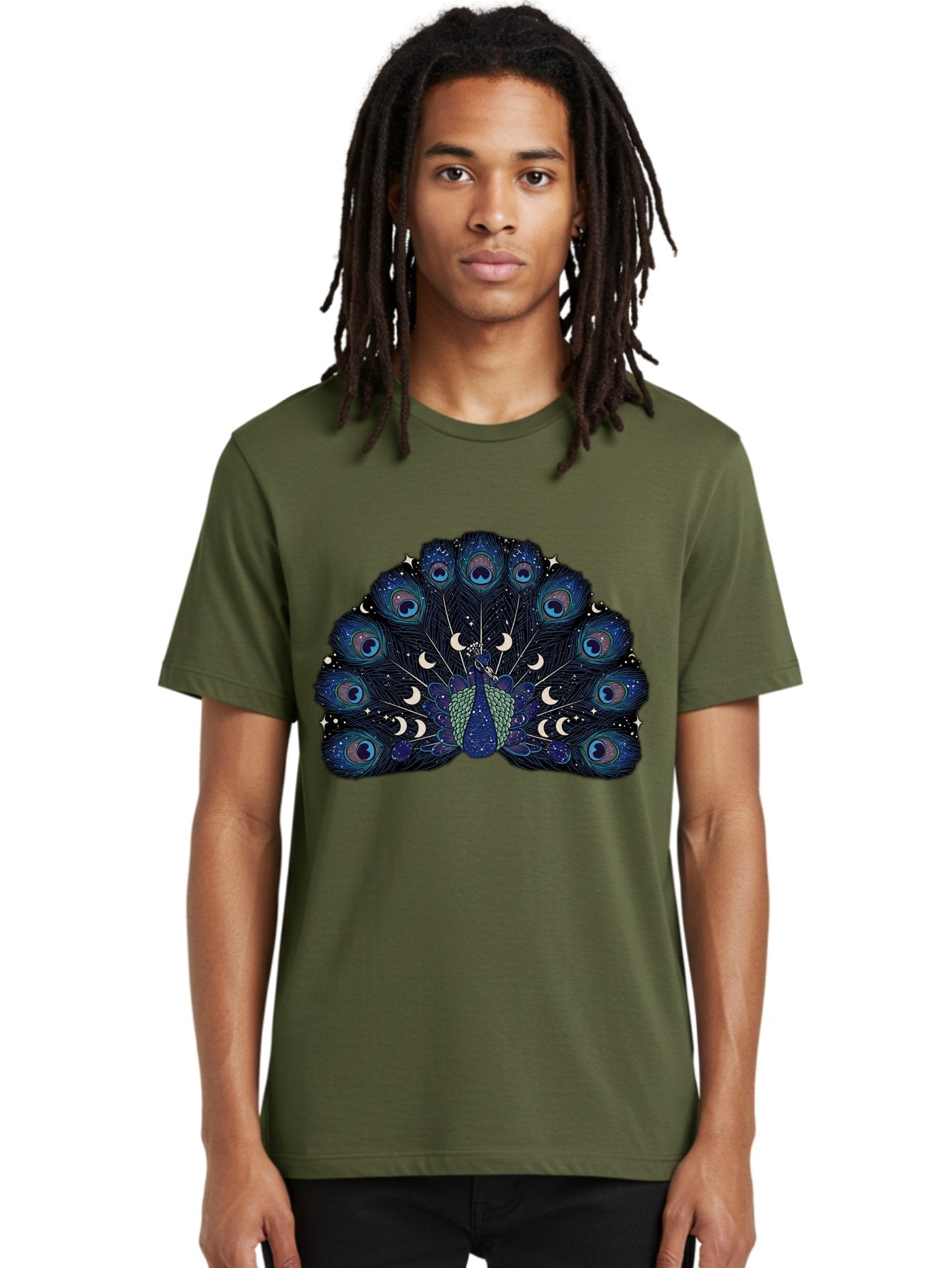 Celestial-Peacock Men'S Graphic Tee, 100% Cotton, Comfortable Casual Summer Wear, Machine Washable, Peacock, Moon Phases, Celestial, Night Sky, Stars, Crescent Moons, Blue Feathers, Eye-Catching, Vibrant, Lunar Cycle, Mystical, Night, Magic Baa280 18