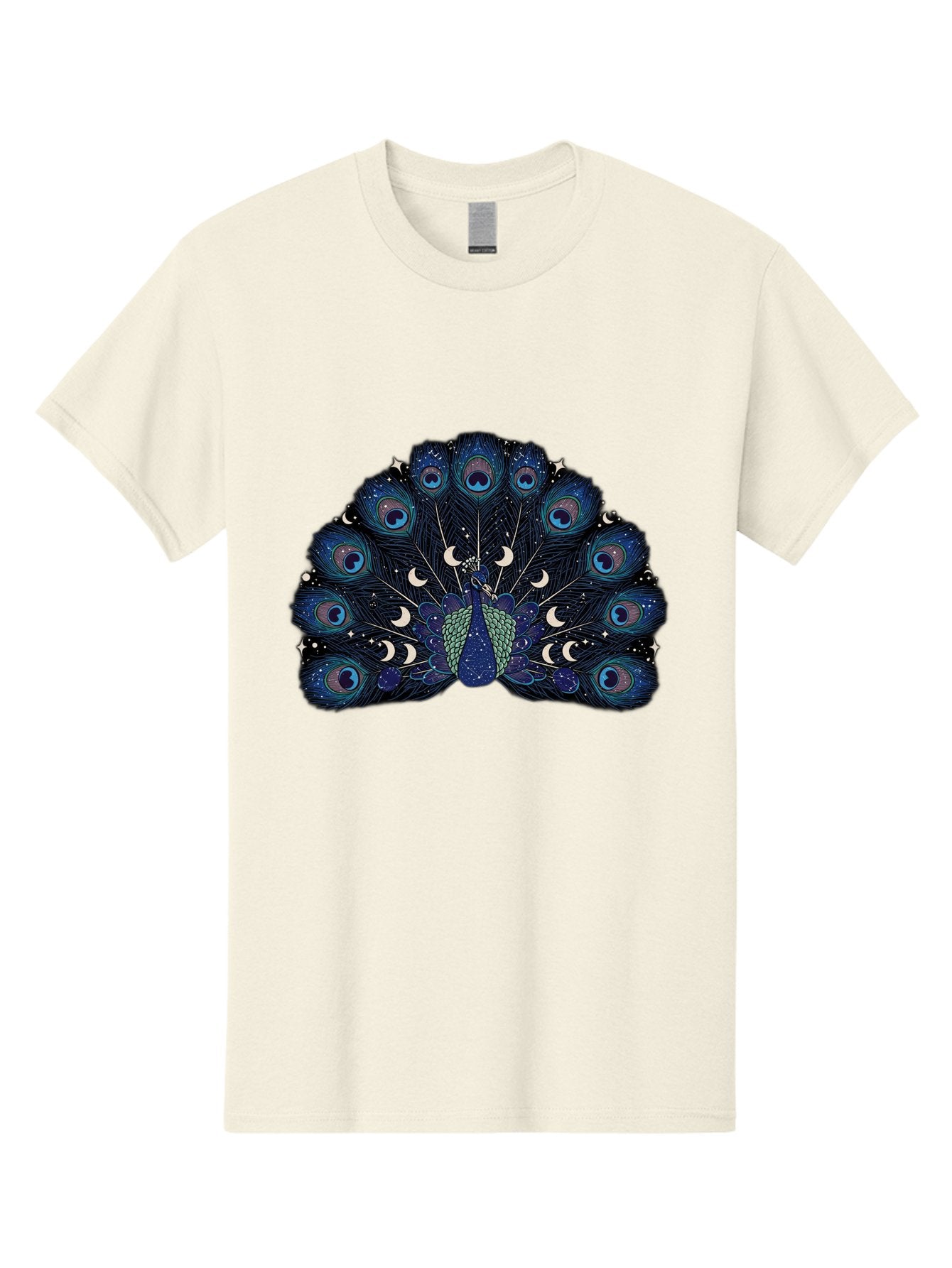 Celestial-Peacock Men'S Graphic Tee, 100% Cotton, Comfortable Casual Summer Wear, Machine Washable, Peacock, Moon Phases, Celestial, Night Sky, Stars, Crescent Moons, Blue Feathers, Eye-Catching, Vibrant, Lunar Cycle, Mystical, Night, Magic Baa280 15