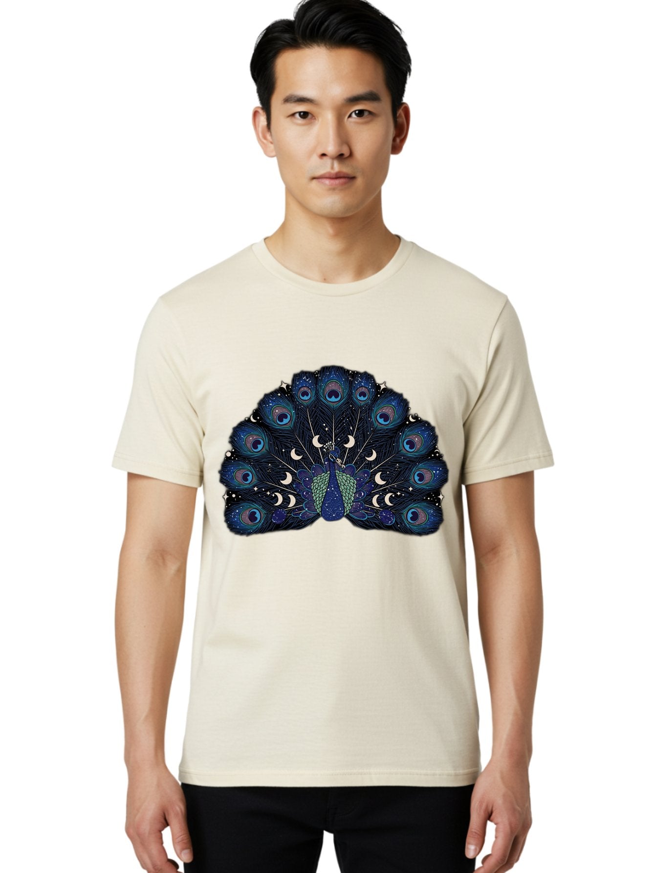 Celestial-Peacock Men'S Graphic Tee, 100% Cotton, Comfortable Casual Summer Wear, Machine Washable, Peacock, Moon Phases, Celestial, Night Sky, Stars, Crescent Moons, Blue Feathers, Eye-Catching, Vibrant, Lunar Cycle, Mystical, Night, Magic Baa280 30