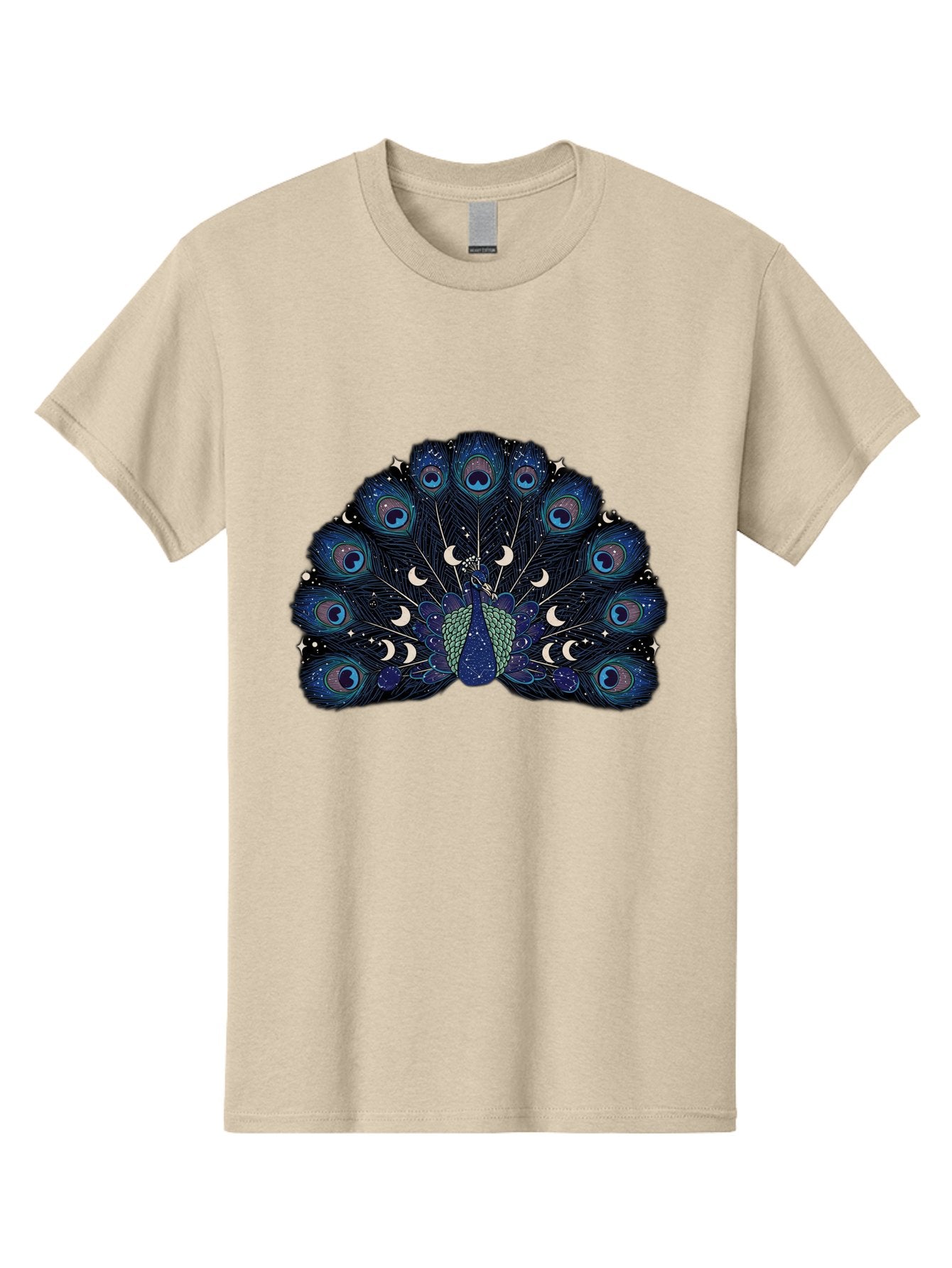 Celestial-Peacock Men'S Graphic Tee, 100% Cotton, Comfortable Casual Summer Wear, Machine Washable, Peacock, Moon Phases, Celestial, Night Sky, Stars, Crescent Moons, Blue Feathers, Eye-Catching, Vibrant, Lunar Cycle, Mystical, Night, Magic Baa280