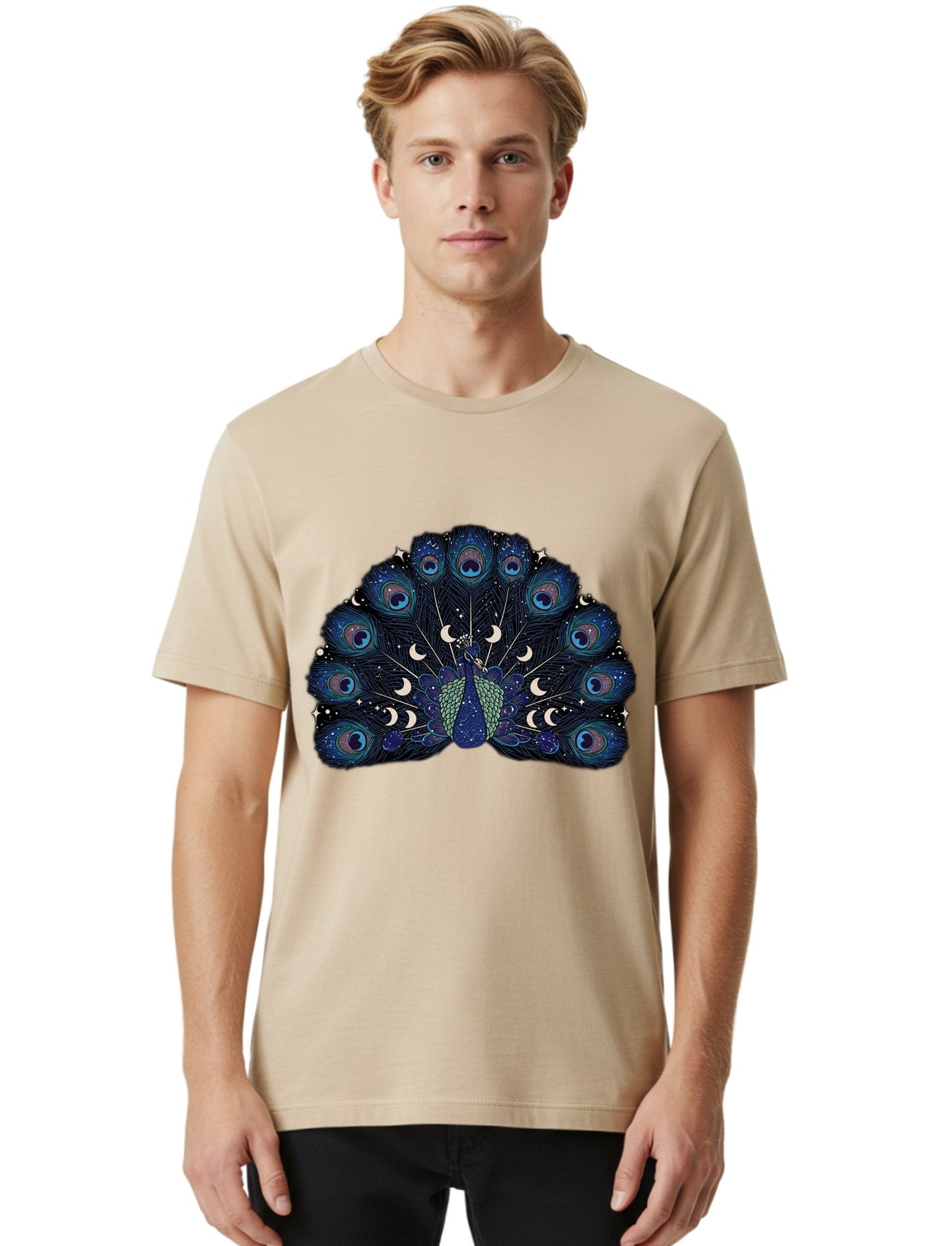 Celestial-Peacock Men'S Graphic Tee, 100% Cotton, Comfortable Casual Summer Wear, Machine Washable, Peacock, Moon Phases, Celestial, Night Sky, Stars, Crescent Moons, Blue Feathers, Eye-Catching, Vibrant, Lunar Cycle, Mystical, Night, Magic Baa280 19