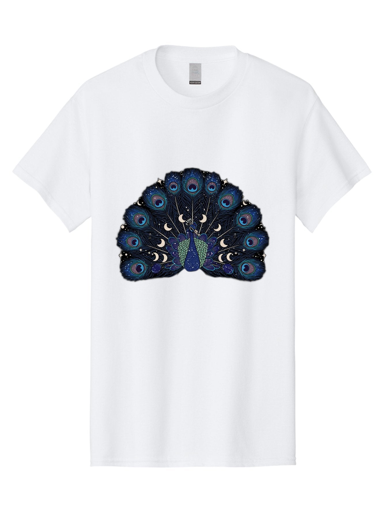 Celestial-Peacock Men'S Graphic Tee, 100% Cotton, Comfortable Casual Summer Wear, Machine Washable, Peacock, Moon Phases, Celestial, Night Sky, Stars, Crescent Moons, Blue Feathers, Eye-Catching, Vibrant, Lunar Cycle, Mystical, Night, Magic Baa280 9
