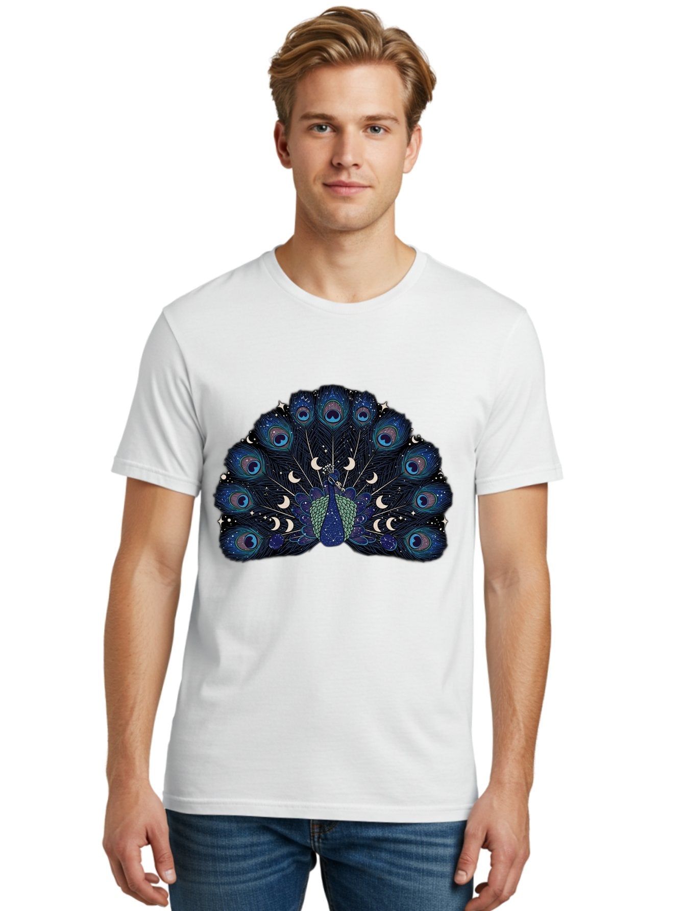 Celestial-Peacock Men'S Graphic Tee, 100% Cotton, Comfortable Casual Summer Wear, Machine Washable, Peacock, Moon Phases, Celestial, Night Sky, Stars, Crescent Moons, Blue Feathers, Eye-Catching, Vibrant, Lunar Cycle, Mystical, Night, Magic Baa280 26