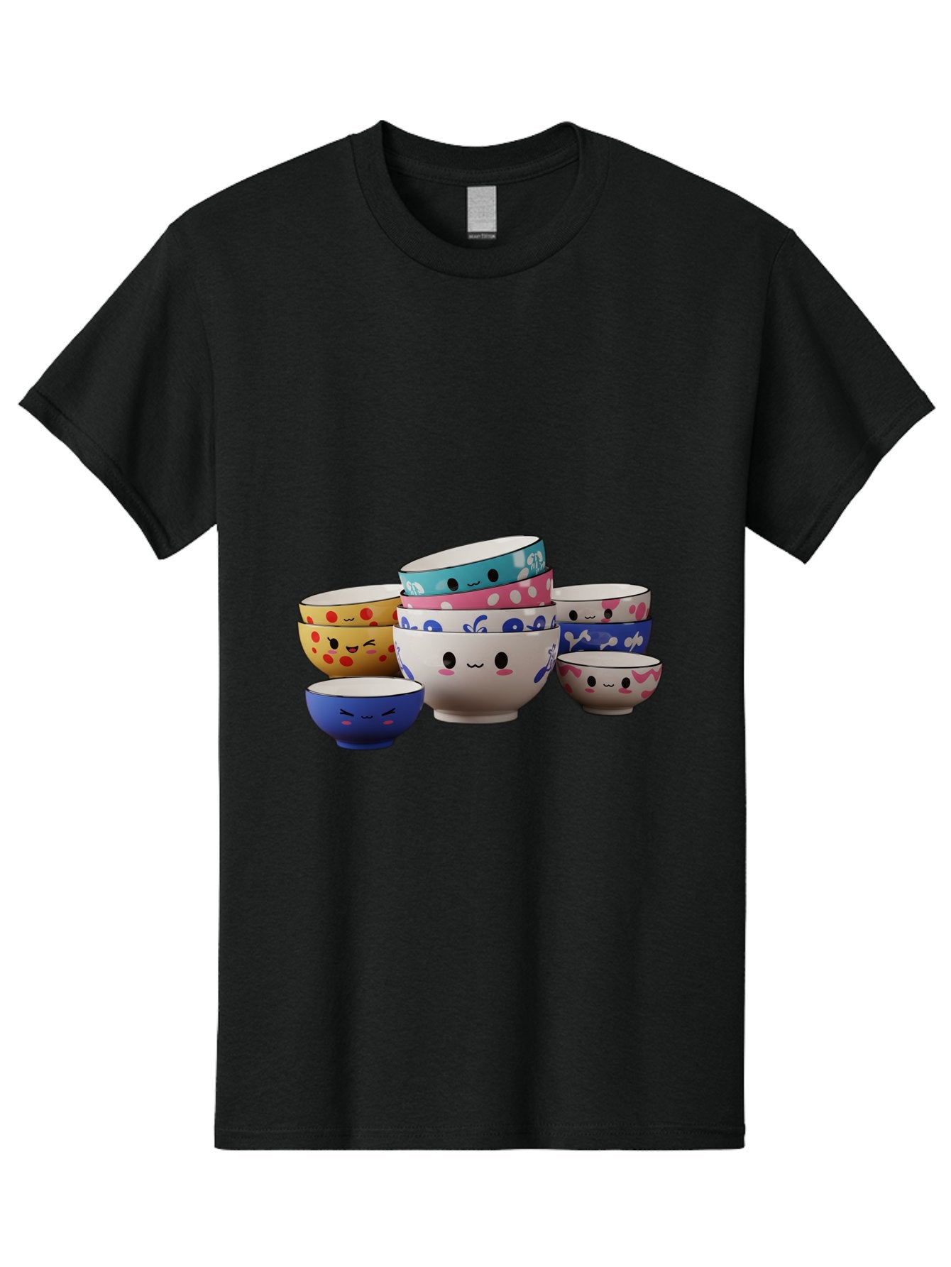 Cereal-Bowls Men'S Graphic Tee, 100% Cotton, Comfortable Casual Summer Wear, Machine Washable, Stacked Ceramic Bowls, Colorful Designs, Fun Patterns, Emotive Faces, Playful Tableware, Kawaii Style, Adorable Kitchenware, Vibrant Colors, Baa281 10