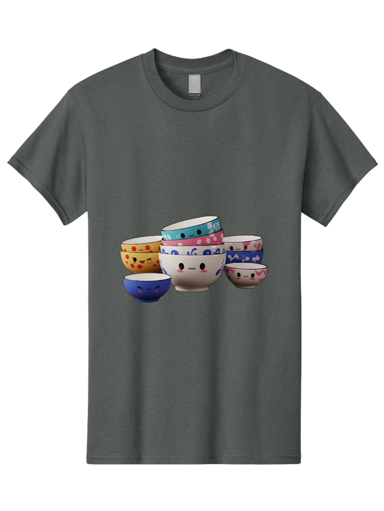 Cereal-Bowls Men'S Graphic Tee, 100% Cotton, Comfortable Casual Summer Wear, Machine Washable, Stacked Ceramic Bowls, Colorful Designs, Fun Patterns, Emotive Faces, Playful Tableware, Kawaii Style, Adorable Kitchenware, Vibrant Colors, Baa281 4
