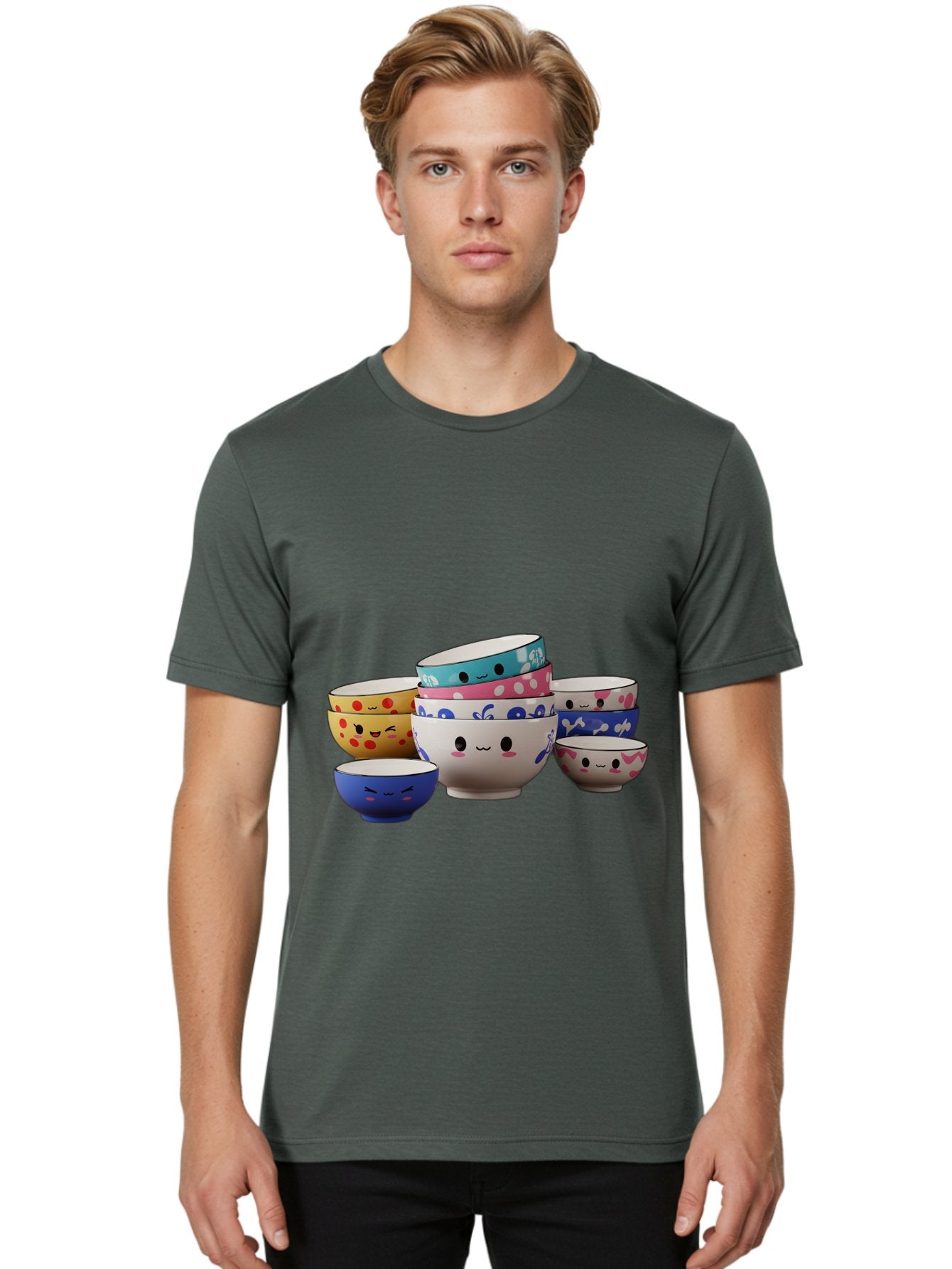 Cereal-Bowls Men'S Graphic Tee, 100% Cotton, Comfortable Casual Summer Wear, Machine Washable, Stacked Ceramic Bowls, Colorful Designs, Fun Patterns, Emotive Faces, Playful Tableware, Kawaii Style, Adorable Kitchenware, Vibrant Colors, Baa281 18
