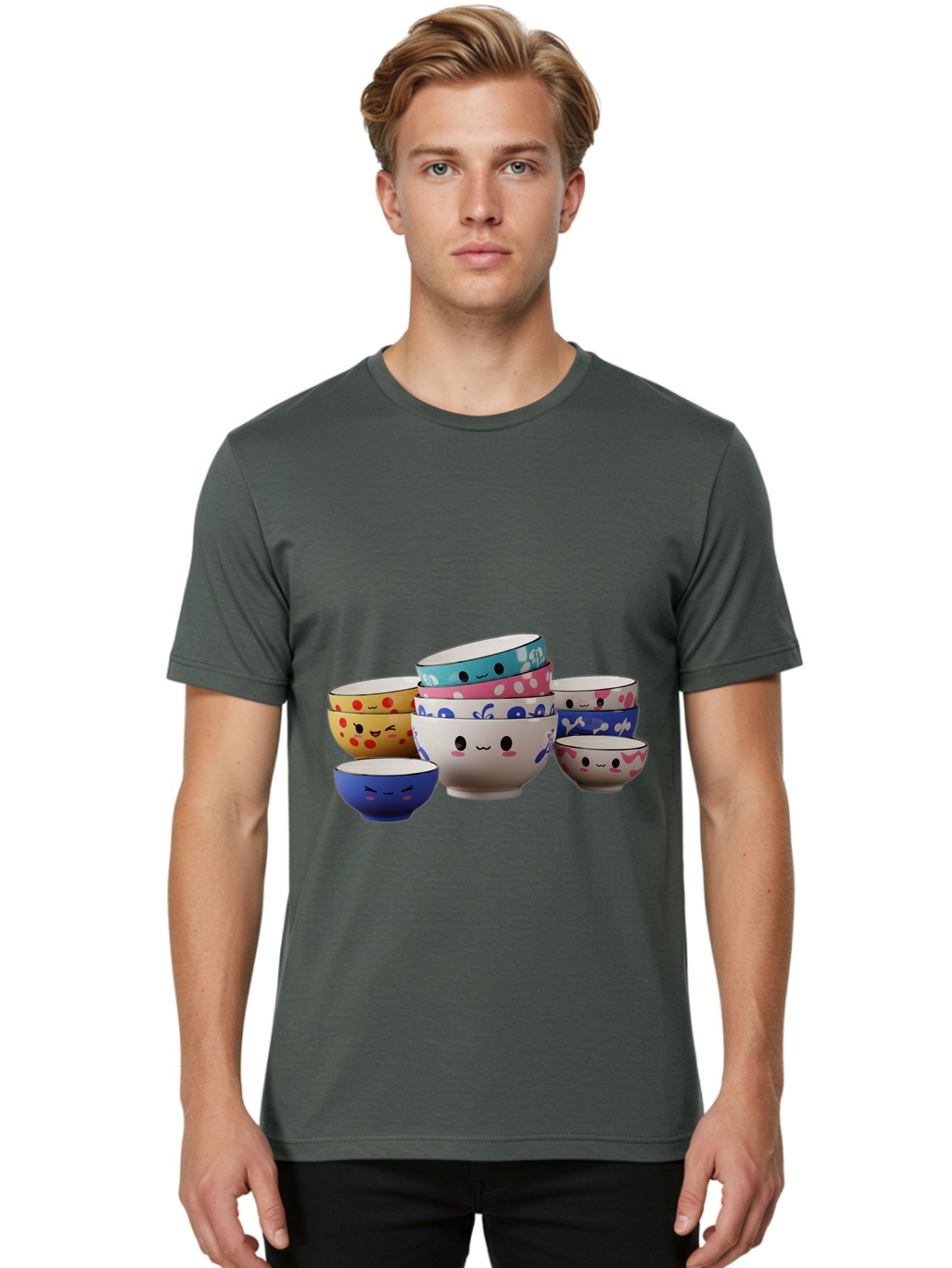Cereal-Bowls Men'S Graphic Tee, 100% Cotton, Comfortable Casual Summer Wear, Machine Washable, Stacked Ceramic Bowls, Colorful Designs, Fun Patterns, Emotive Faces, Playful Tableware, Kawaii Style, Adorable Kitchenware, Vibrant Colors, Baa281 24