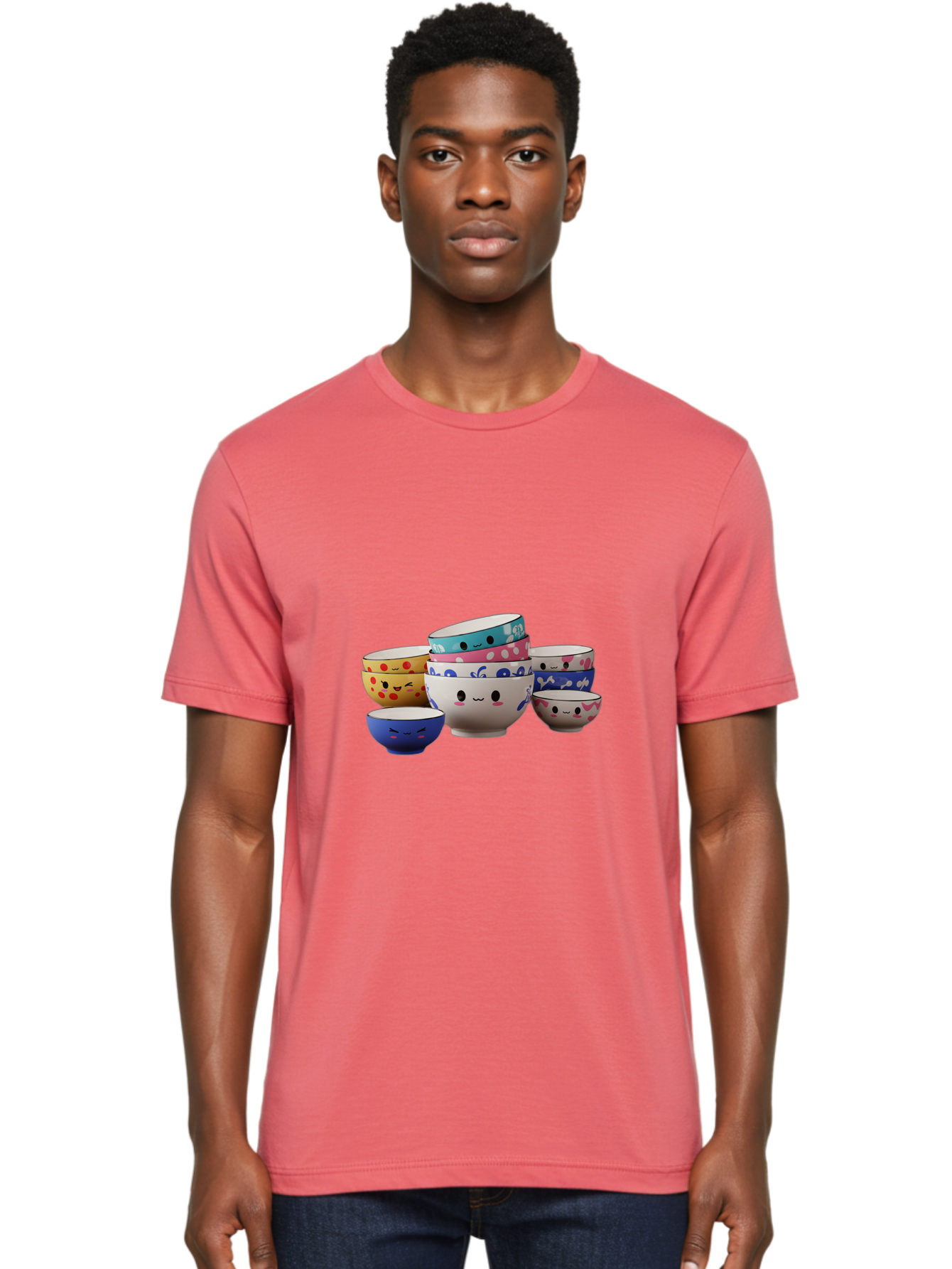Cereal-Bowls Men'S Graphic Tee, 100% Cotton, Comfortable Casual Summer Wear, Machine Washable, Stacked Ceramic Bowls, Colorful Designs, Fun Patterns, Emotive Faces, Playful Tableware, Kawaii Style, Adorable Kitchenware, Vibrant Colors, Baa281 10