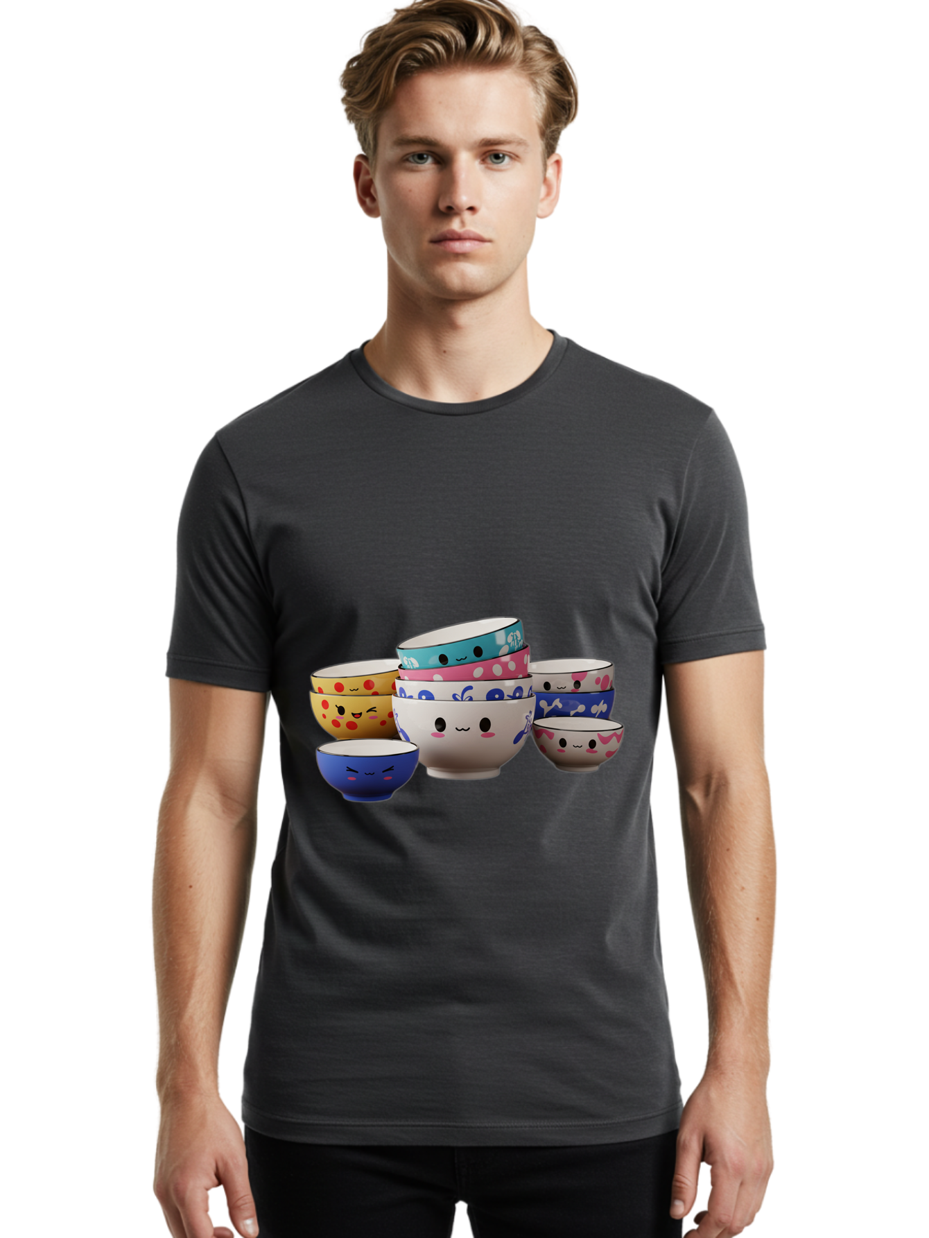 Cereal-Bowls Men'S Graphic Tee, 100% Cotton, Comfortable Casual Summer Wear, Machine Washable, Stacked Ceramic Bowls, Colorful Designs, Fun Patterns, Emotive Faces, Playful Tableware, Kawaii Style, Adorable Kitchenware, Vibrant Colors, Baa281 30