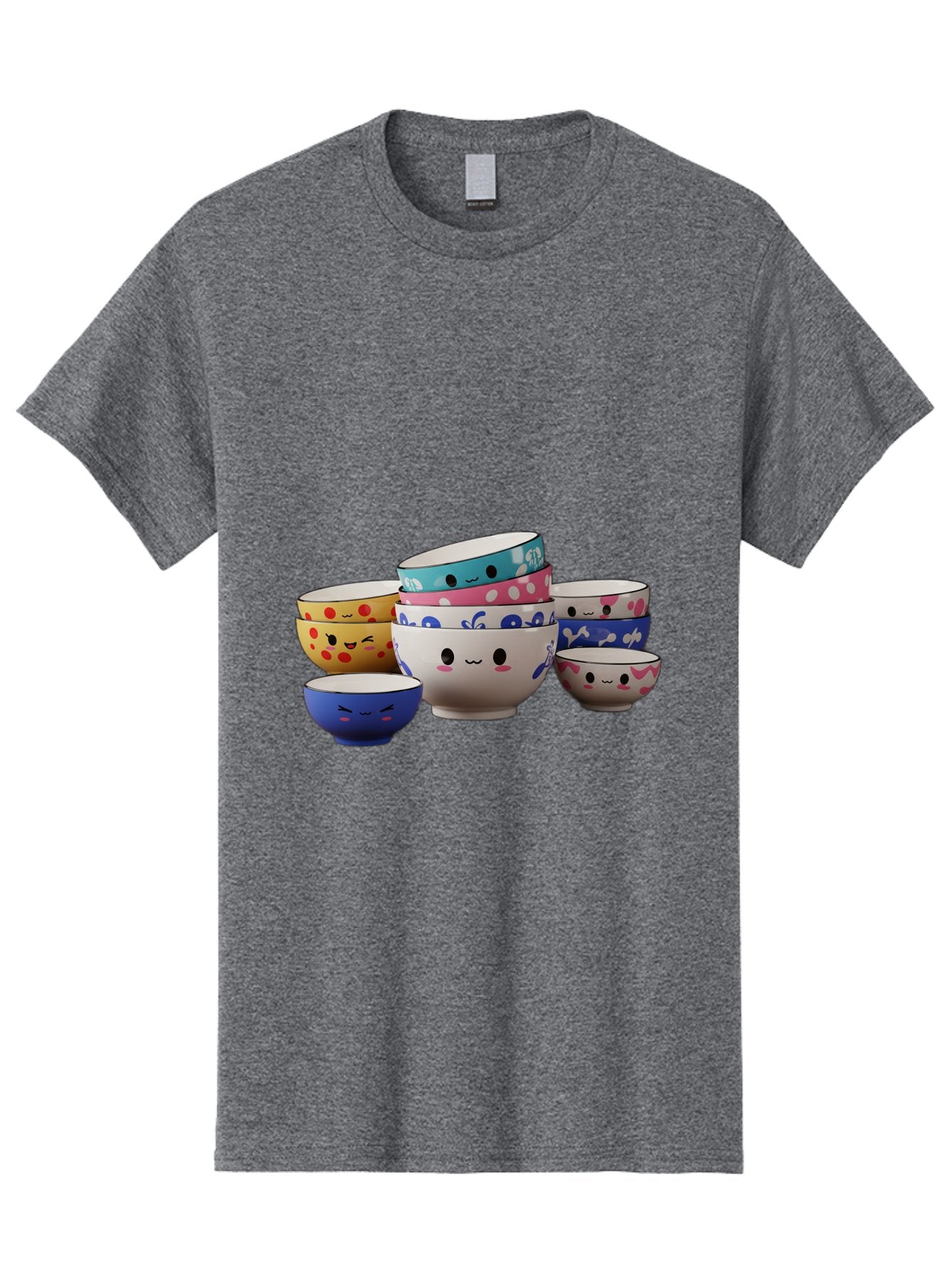 Cereal-Bowls Men'S Graphic Tee, 100% Cotton, Comfortable Casual Summer Wear, Machine Washable, Stacked Ceramic Bowls, Colorful Designs, Fun Patterns, Emotive Faces, Playful Tableware, Kawaii Style, Adorable Kitchenware, Vibrant Colors, Baa281 12