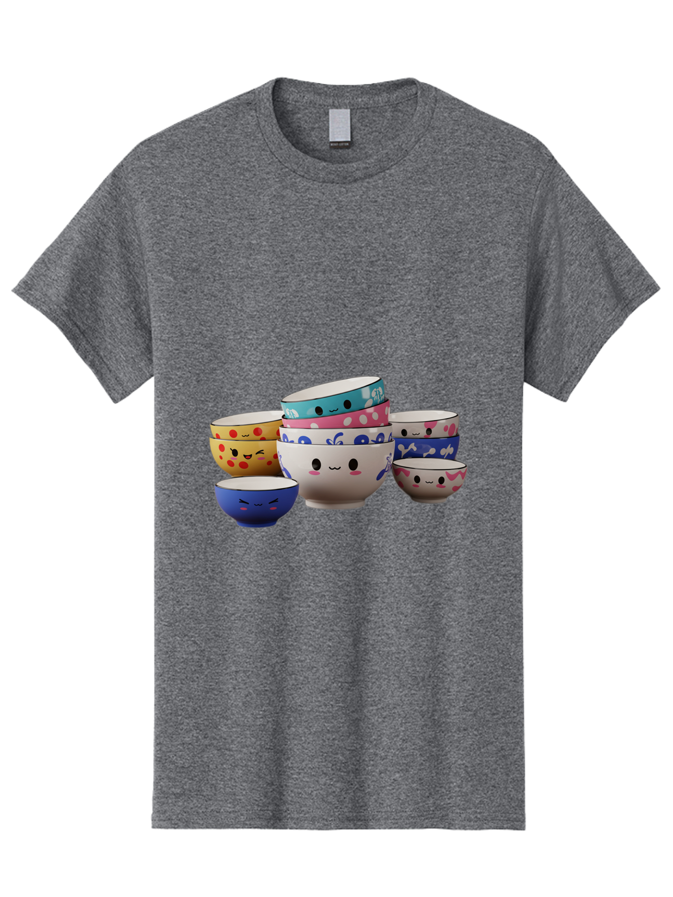Cereal-Bowls Men'S Graphic Tee, 100% Cotton, Comfortable Casual Summer Wear, Machine Washable, Stacked Ceramic Bowls, Colorful Designs, Fun Patterns, Emotive Faces, Playful Tableware, Kawaii Style, Adorable Kitchenware, Vibrant Colors, Baa281 5