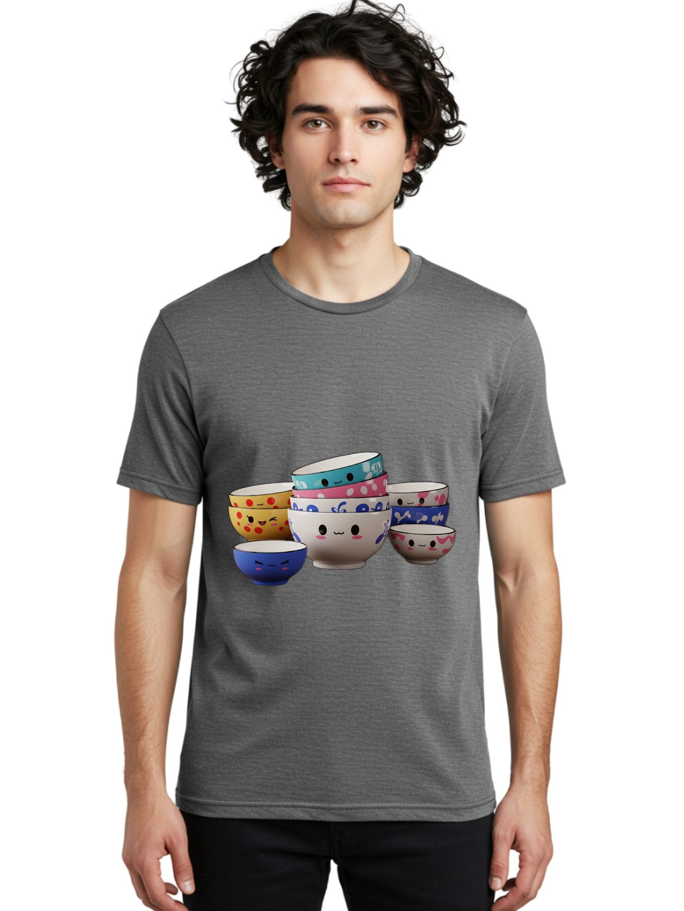 Cereal-Bowls Men'S Graphic Tee, 100% Cotton, Comfortable Casual Summer Wear, Machine Washable, Stacked Ceramic Bowls, Colorful Designs, Fun Patterns, Emotive Faces, Playful Tableware, Kawaii Style, Adorable Kitchenware, Vibrant Colors, Baa281 28