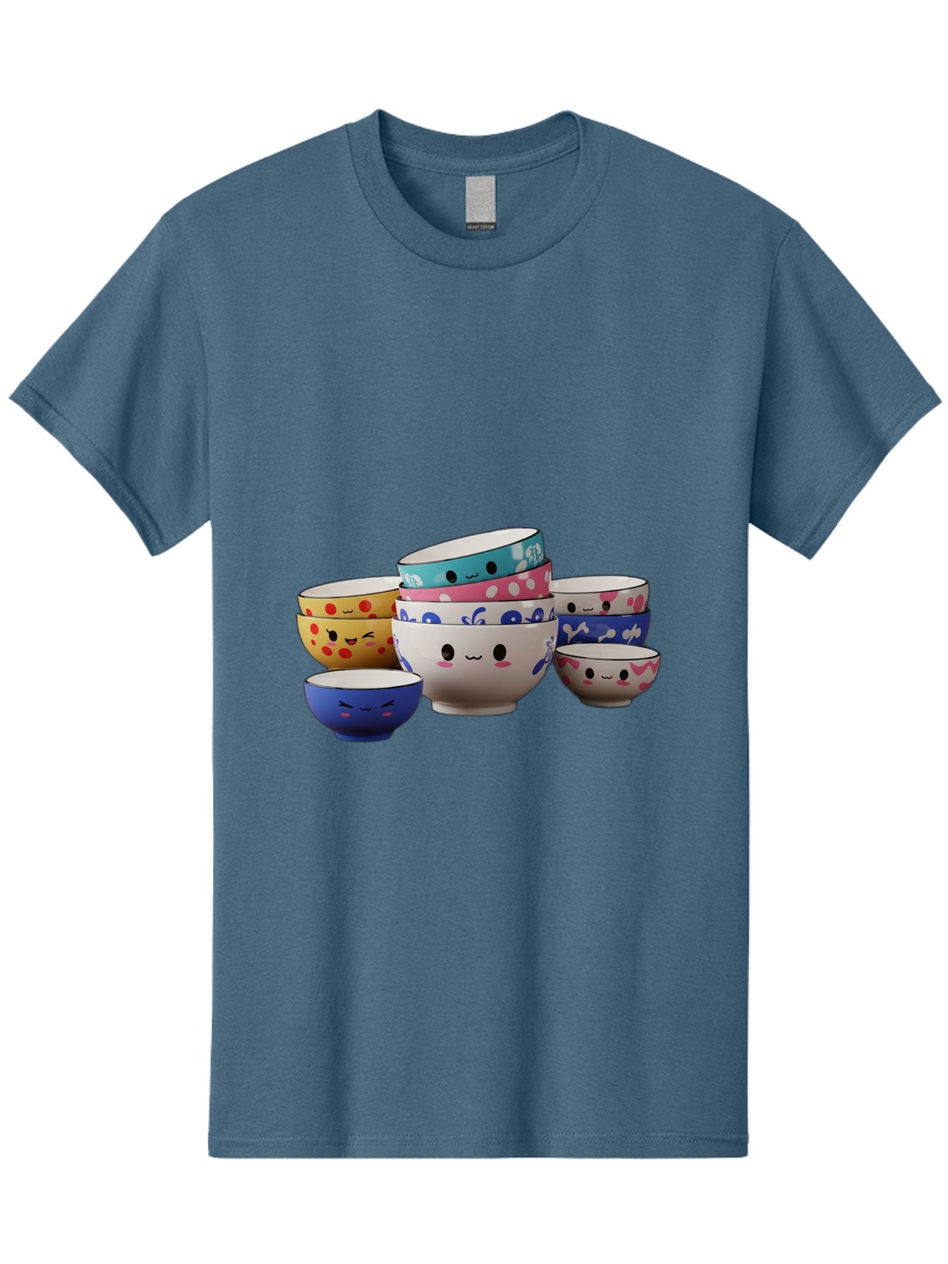 Cereal-Bowls Men'S Graphic Tee, 100% Cotton, Comfortable Casual Summer Wear, Machine Washable, Stacked Ceramic Bowls, Colorful Designs, Fun Patterns, Emotive Faces, Playful Tableware, Kawaii Style, Adorable Kitchenware, Vibrant Colors, Baa281 7