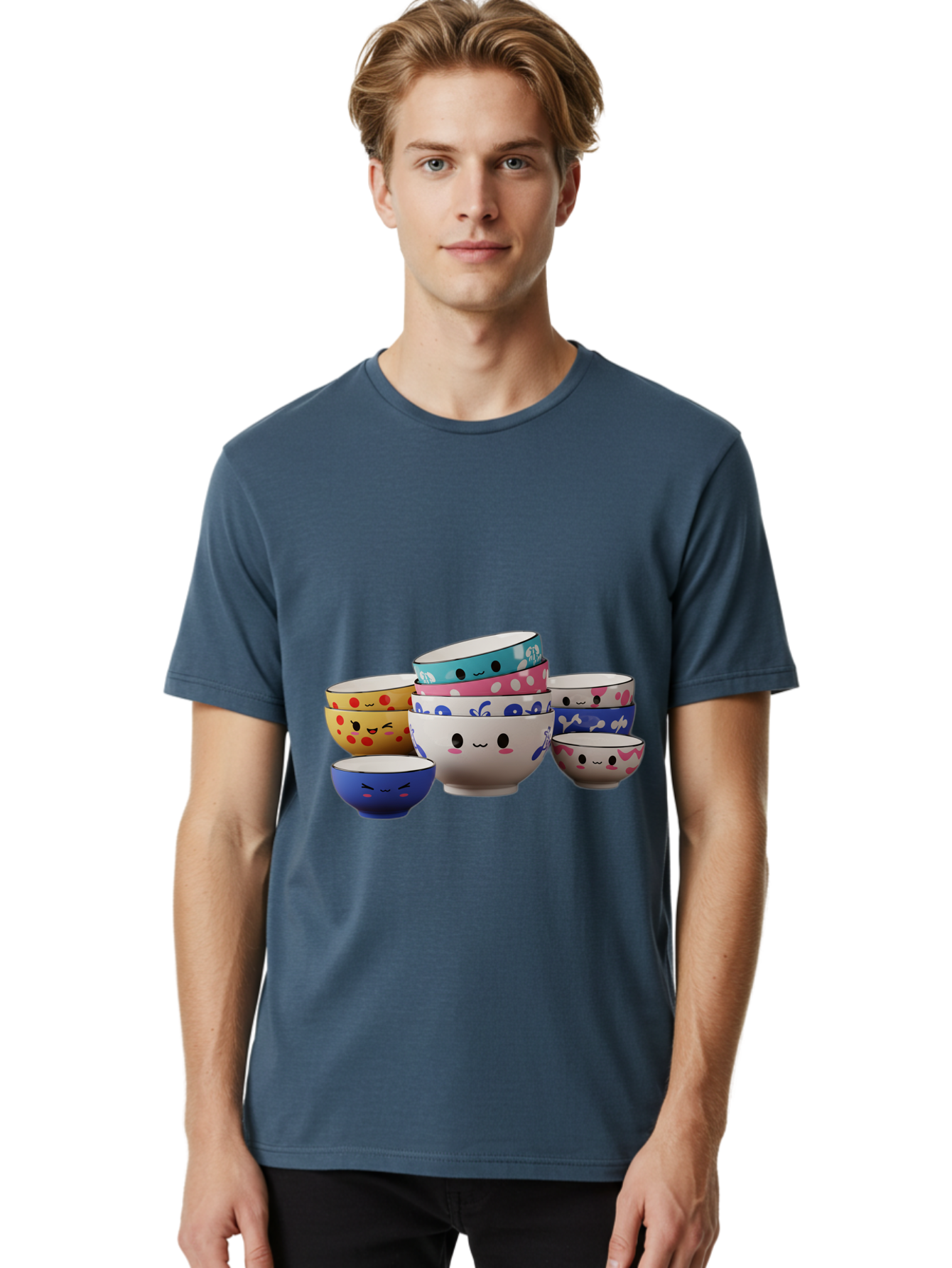 Cereal-Bowls Men'S Graphic Tee, 100% Cotton, Comfortable Casual Summer Wear, Machine Washable, Stacked Ceramic Bowls, Colorful Designs, Fun Patterns, Emotive Faces, Playful Tableware, Kawaii Style, Adorable Kitchenware, Vibrant Colors, Baa281 26