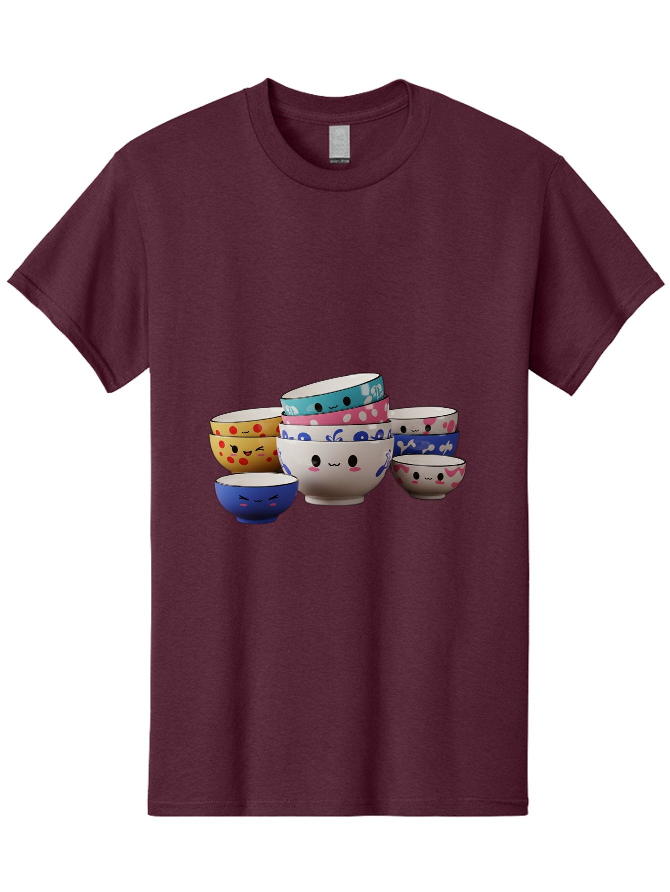 Cereal-Bowls Men'S Graphic Tee, 100% Cotton, Comfortable Casual Summer Wear, Machine Washable, Stacked Ceramic Bowls, Colorful Designs, Fun Patterns, Emotive Faces, Playful Tableware, Kawaii Style, Adorable Kitchenware, Vibrant Colors, Baa281 14