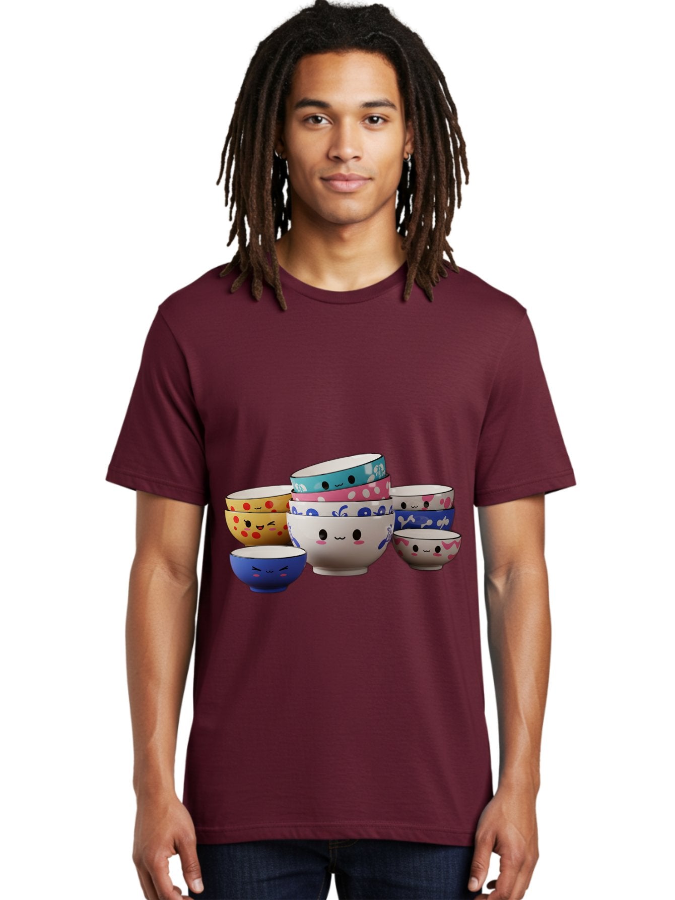Cereal-Bowls Men'S Graphic Tee, 100% Cotton, Comfortable Casual Summer Wear, Machine Washable, Stacked Ceramic Bowls, Colorful Designs, Fun Patterns, Emotive Faces, Playful Tableware, Kawaii Style, Adorable Kitchenware, Vibrant Colors, Baa281 29