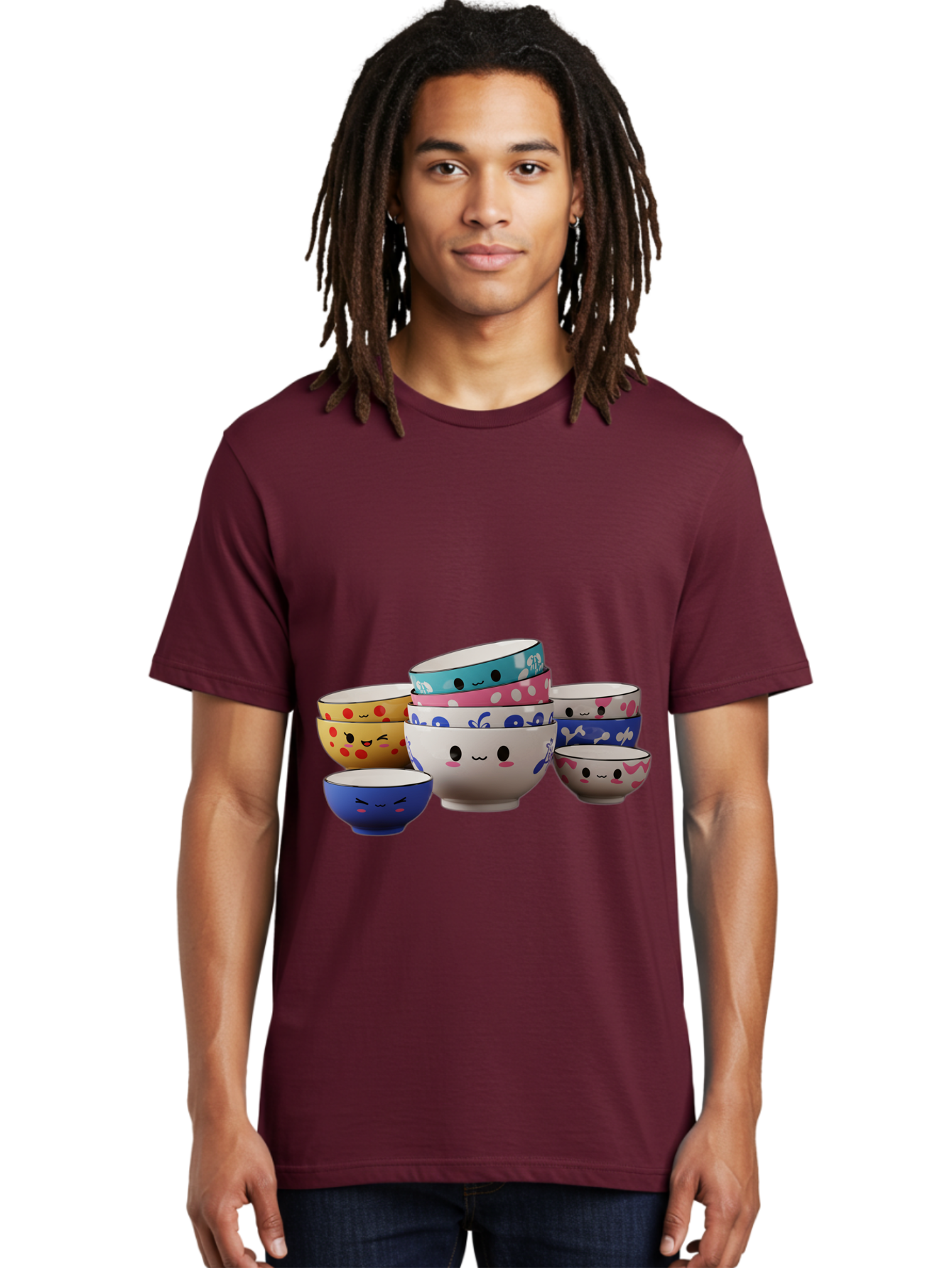 Cereal-Bowls Men'S Graphic Tee, 100% Cotton, Comfortable Casual Summer Wear, Machine Washable, Stacked Ceramic Bowls, Colorful Designs, Fun Patterns, Emotive Faces, Playful Tableware, Kawaii Style, Adorable Kitchenware, Vibrant Colors, Baa281 4