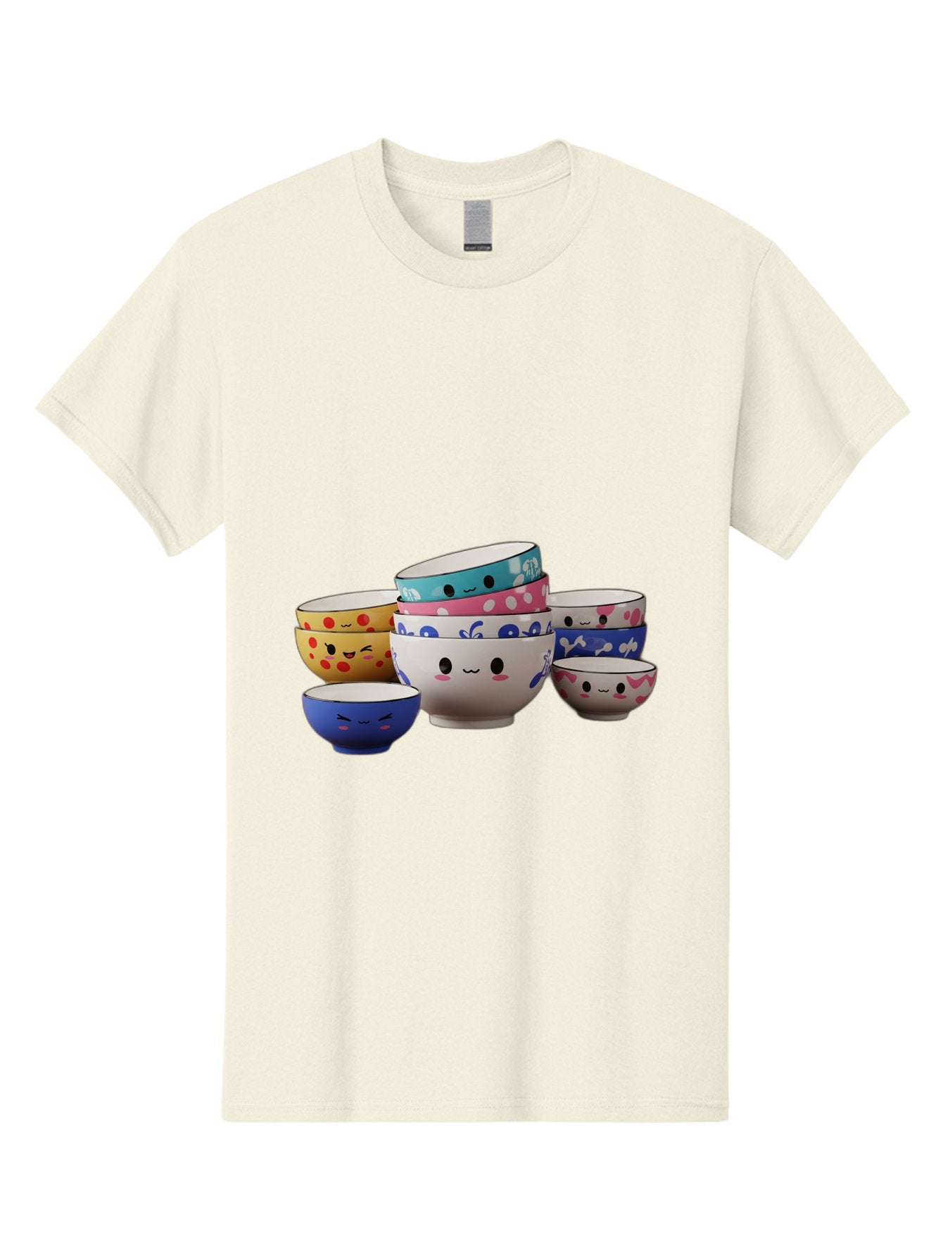 Cereal-Bowls Men'S Graphic Tee, 100% Cotton, Comfortable Casual Summer Wear, Machine Washable, Stacked Ceramic Bowls, Colorful Designs, Fun Patterns, Emotive Faces, Playful Tableware, Kawaii Style, Adorable Kitchenware, Vibrant Colors, Baa281 5