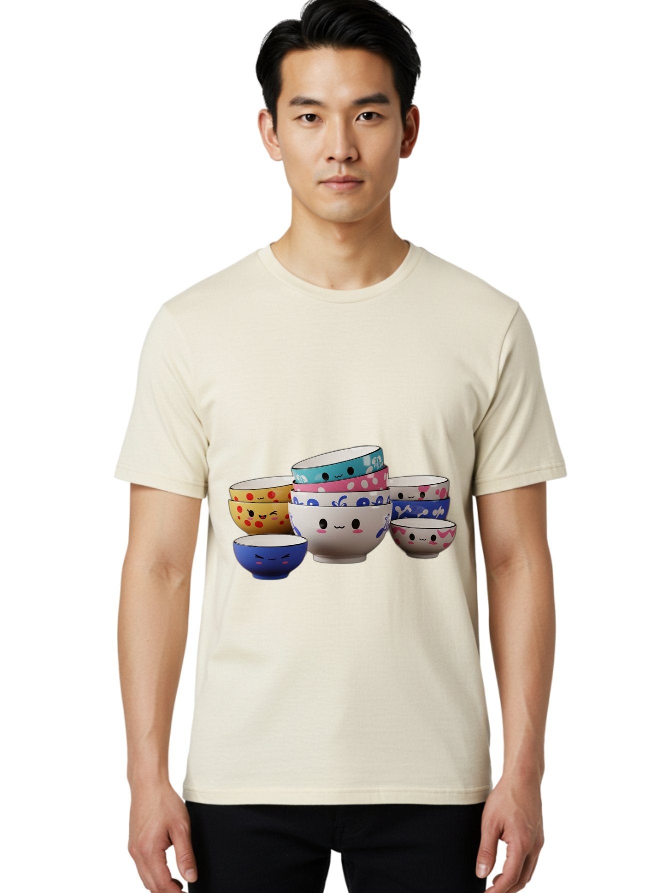Cereal-Bowls Men'S Graphic Tee, 100% Cotton, Comfortable Casual Summer Wear, Machine Washable, Stacked Ceramic Bowls, Colorful Designs, Fun Patterns, Emotive Faces, Playful Tableware, Kawaii Style, Adorable Kitchenware, Vibrant Colors, Baa281 23