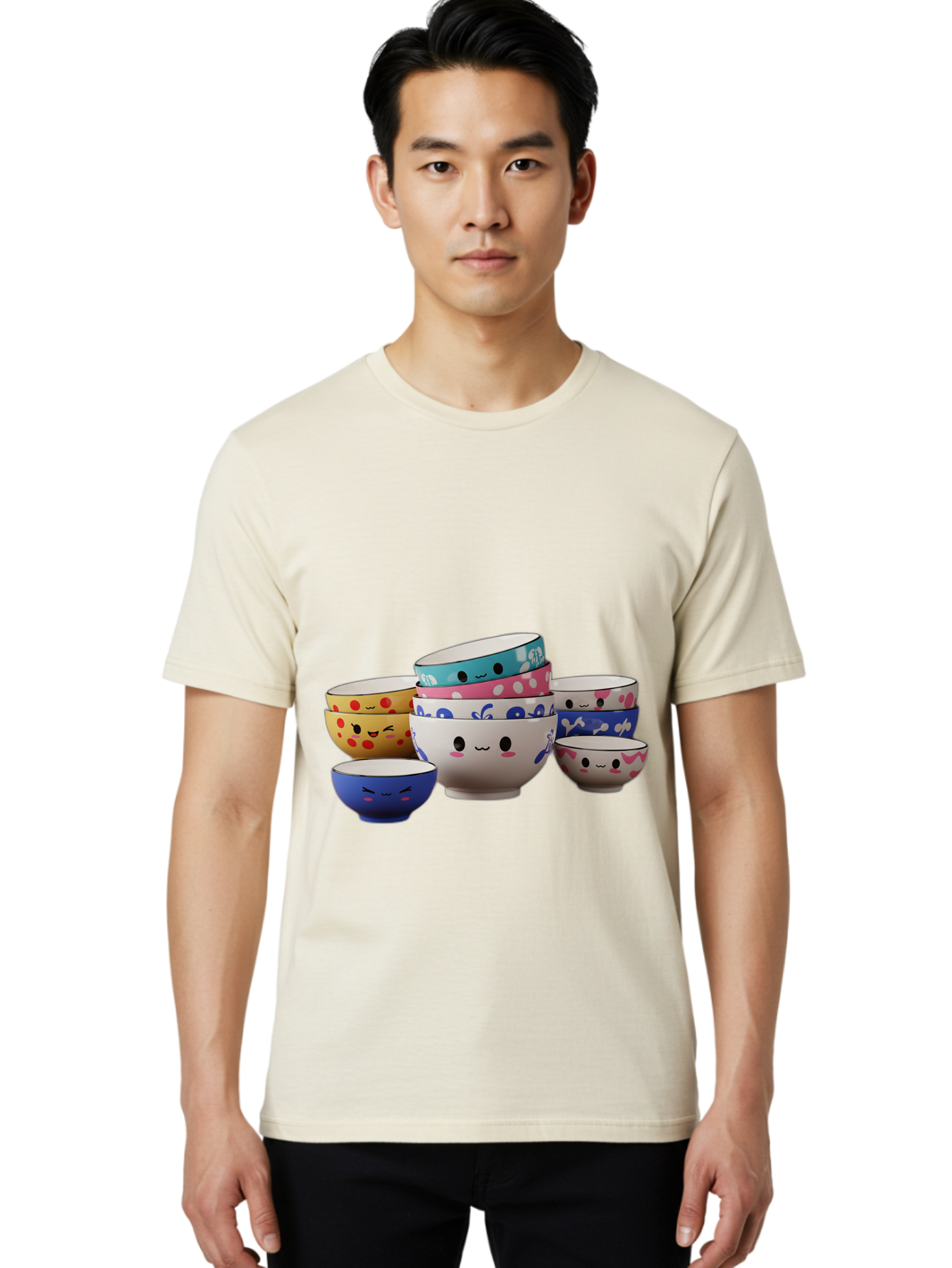 Cereal-Bowls Men'S Graphic Tee, 100% Cotton, Comfortable Casual Summer Wear, Machine Washable, Stacked Ceramic Bowls, Colorful Designs, Fun Patterns, Emotive Faces, Playful Tableware, Kawaii Style, Adorable Kitchenware, Vibrant Colors, Baa281 16