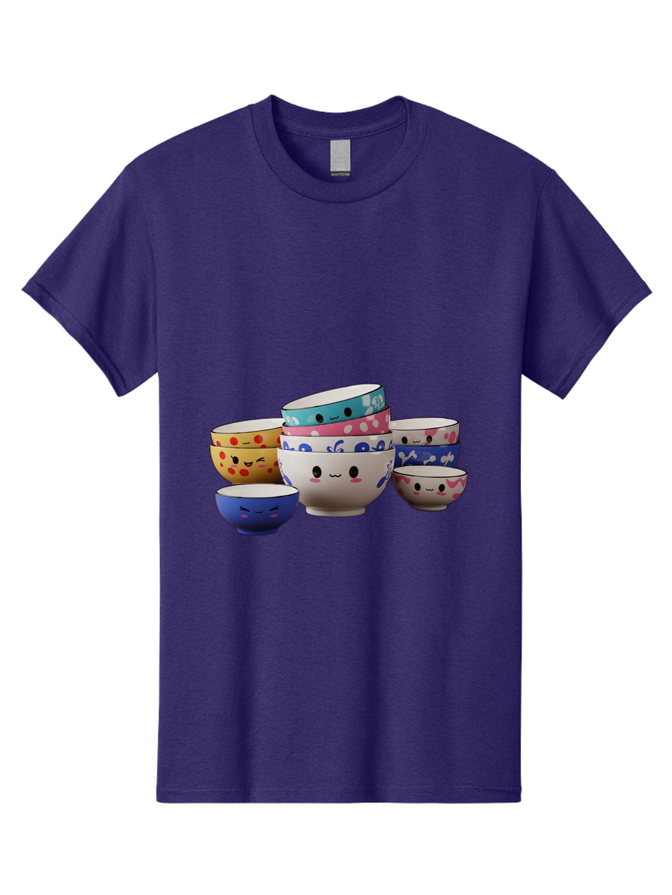 Cereal-Bowls Men'S Graphic Tee, 100% Cotton, Comfortable Casual Summer Wear, Machine Washable, Stacked Ceramic Bowls, Colorful Designs, Fun Patterns, Emotive Faces, Playful Tableware, Kawaii Style, Adorable Kitchenware, Vibrant Colors, Baa281