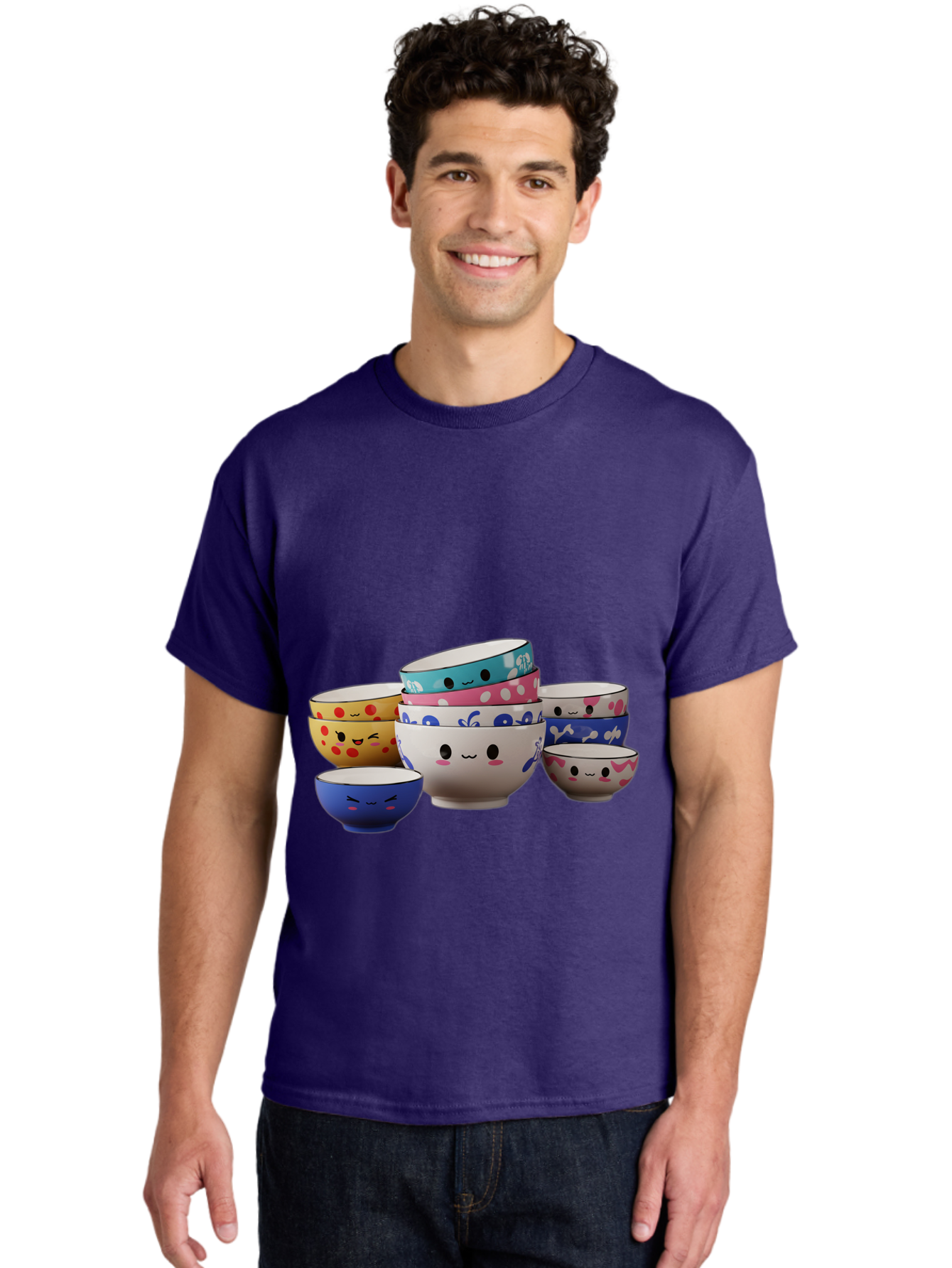 Cereal-Bowls Men'S Graphic Tee, 100% Cotton, Comfortable Casual Summer Wear, Machine Washable, Stacked Ceramic Bowls, Colorful Designs, Fun Patterns, Emotive Faces, Playful Tableware, Kawaii Style, Adorable Kitchenware, Vibrant Colors, Baa281 22