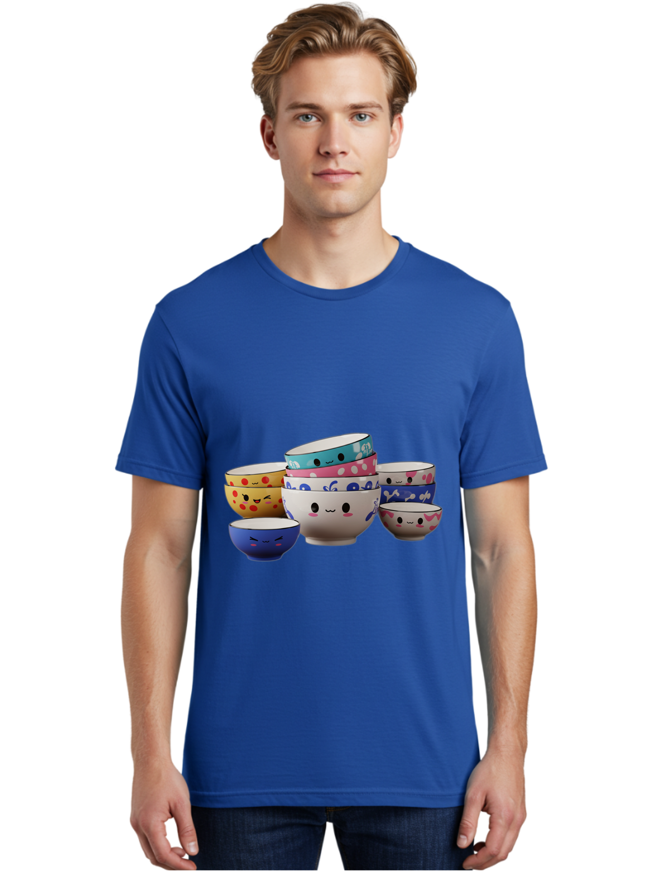 Cereal-Bowls Men'S Graphic Tee, 100% Cotton, Comfortable Casual Summer Wear, Machine Washable, Stacked Ceramic Bowls, Colorful Designs, Fun Patterns, Emotive Faces, Playful Tableware, Kawaii Style, Adorable Kitchenware, Vibrant Colors, Baa281 8