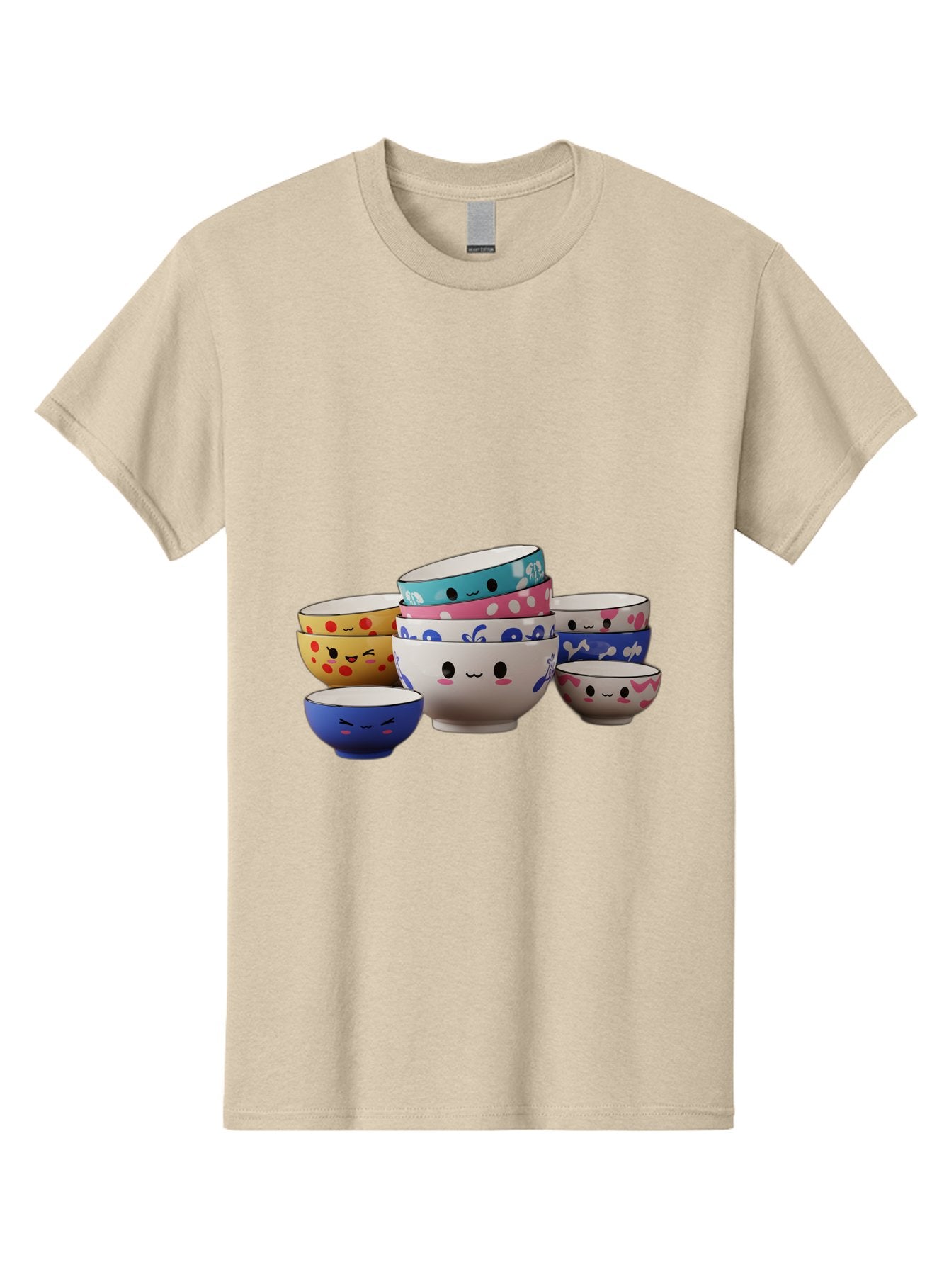 Cereal-Bowls Men'S Graphic Tee, 100% Cotton, Comfortable Casual Summer Wear, Machine Washable, Stacked Ceramic Bowls, Colorful Designs, Fun Patterns, Emotive Faces, Playful Tableware, Kawaii Style, Adorable Kitchenware, Vibrant Colors, Baa281