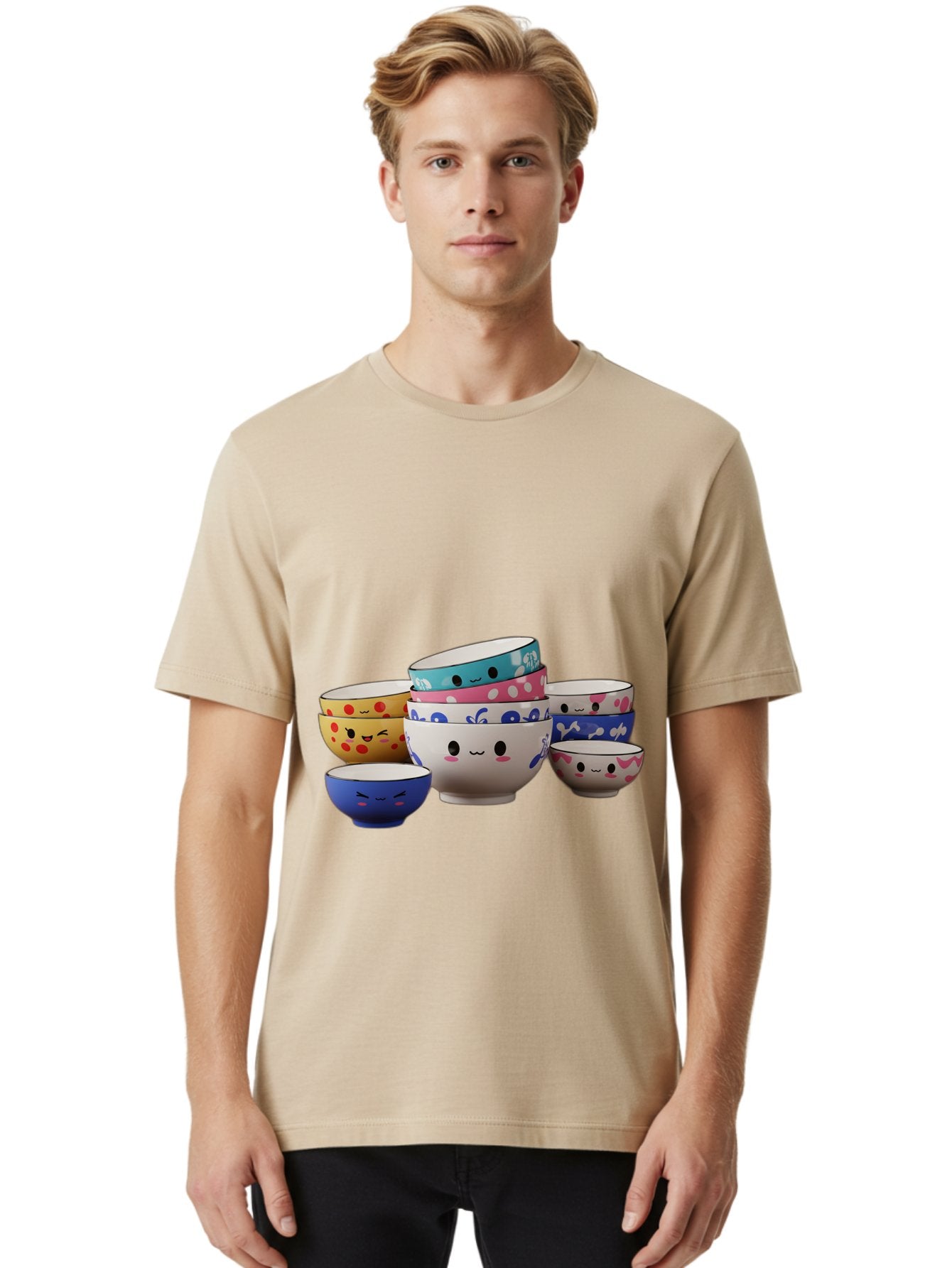 Cereal-Bowls Men'S Graphic Tee, 100% Cotton, Comfortable Casual Summer Wear, Machine Washable, Stacked Ceramic Bowls, Colorful Designs, Fun Patterns, Emotive Faces, Playful Tableware, Kawaii Style, Adorable Kitchenware, Vibrant Colors, Baa281 21