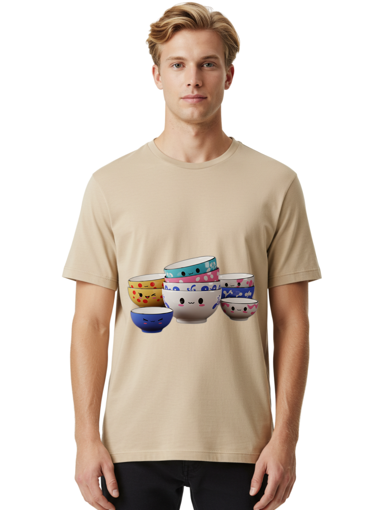Cereal-Bowls Men'S Graphic Tee, 100% Cotton, Comfortable Casual Summer Wear, Machine Washable, Stacked Ceramic Bowls, Colorful Designs, Fun Patterns, Emotive Faces, Playful Tableware, Kawaii Style, Adorable Kitchenware, Vibrant Colors, Baa281 20