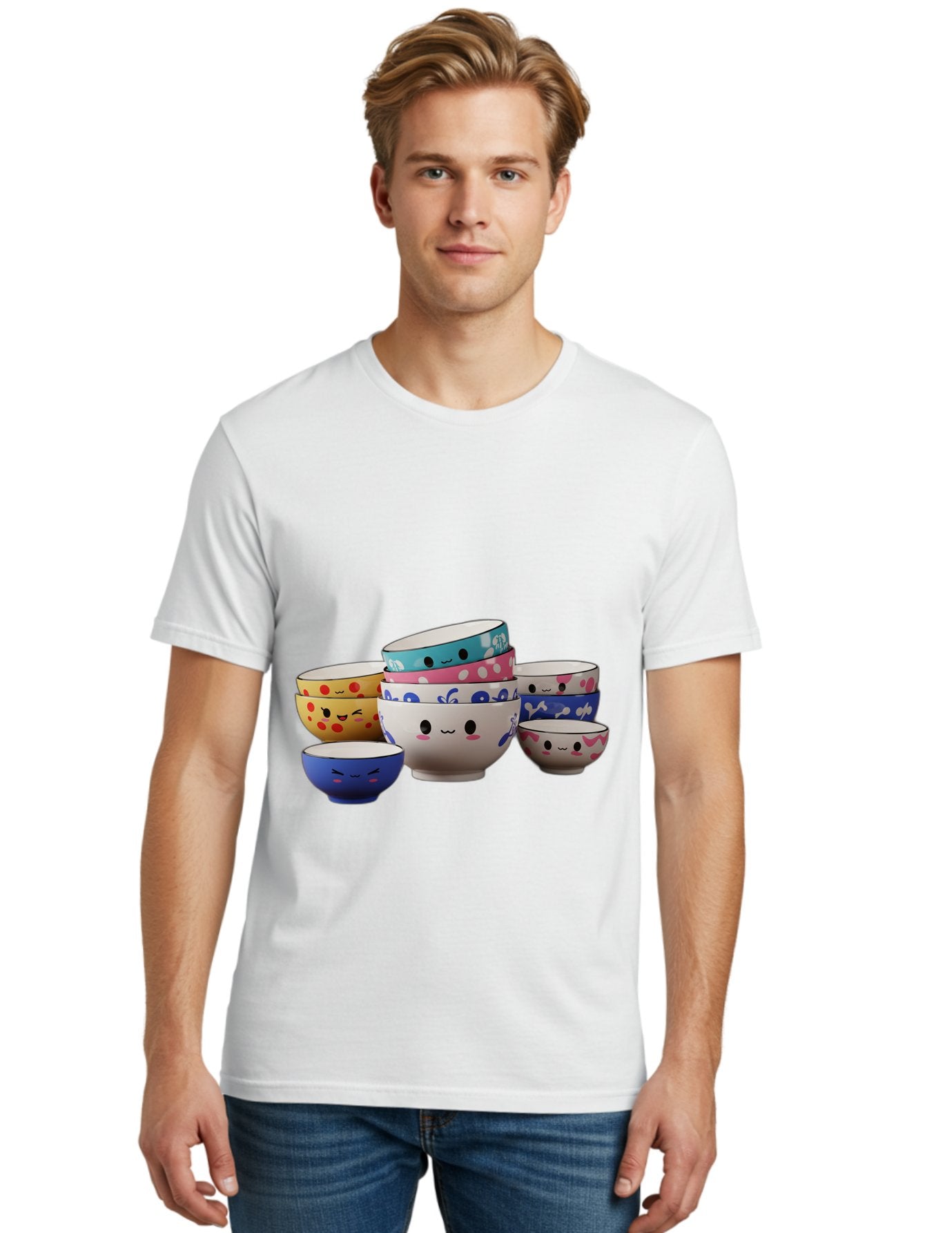 Cereal-Bowls Men'S Graphic Tee, 100% Cotton, Comfortable Casual Summer Wear, Machine Washable, Stacked Ceramic Bowls, Colorful Designs, Fun Patterns, Emotive Faces, Playful Tableware, Kawaii Style, Adorable Kitchenware, Vibrant Colors, Baa281 25