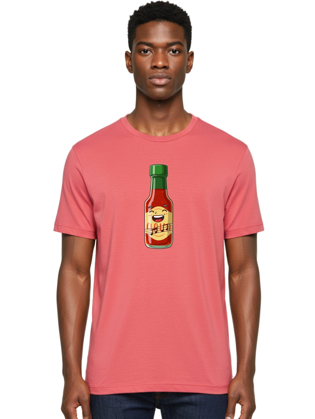 Chili-Sauce-Bottle Men'S Graphic Tee, 100% Cotton, Comfortable Casual Summer Wear, Machine Washable, Hot Sauce Bottle, Spicy Condiment, Cartoon Character, Laughing Face, Tabasco Sauce, Flavorful Food, Hot Pepper Sauce, Culinary Delight Baa292 25