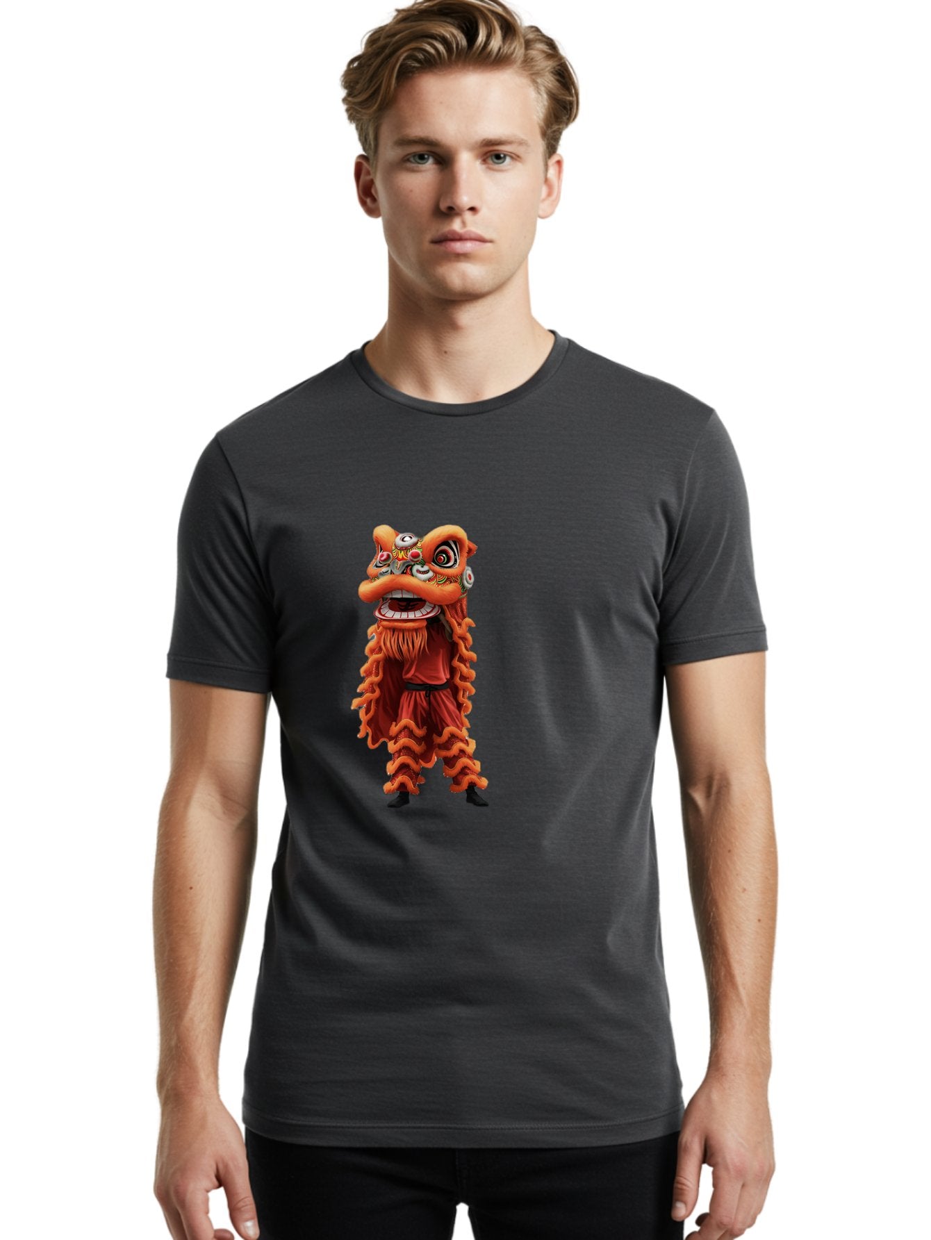 Chinese-Lion-Dance-Costume Men'S Graphic Tee, 100% Cotton, Comfortable Casual Summer Wear, Machine Washable, Chinese Lion Dance, Traditional Costume, Cultural Heritage, Mythical Creature, Vibrant Colors, Lively Performance, Intricate Design, Baa294 19