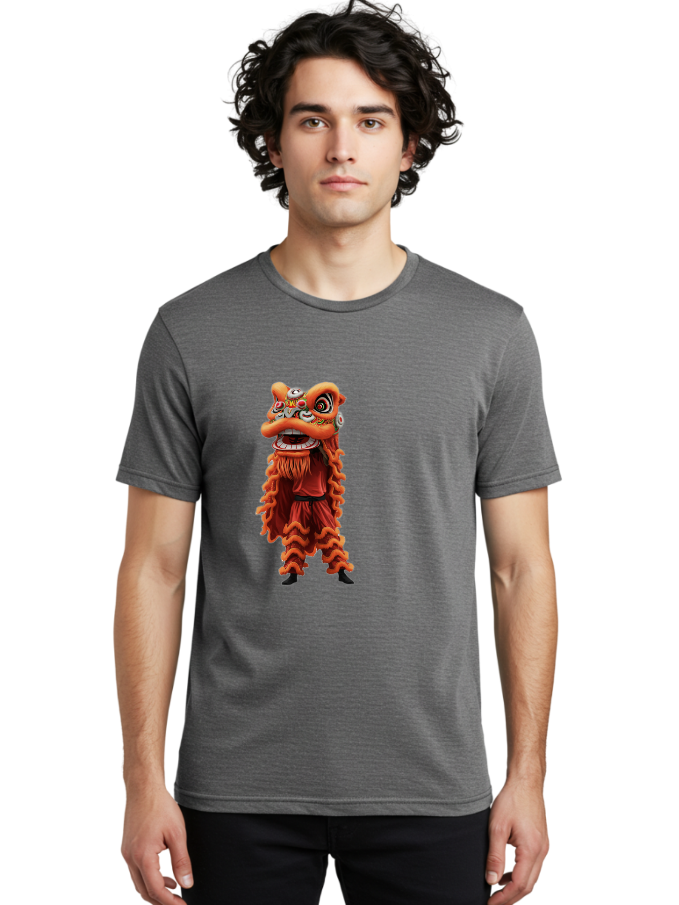 Chinese-Lion-Dance-Costume Men'S Graphic Tee, 100% Cotton, Comfortable Casual Summer Wear, Machine Washable, Chinese Lion Dance, Traditional Costume, Cultural Heritage, Mythical Creature, Vibrant Colors, Lively Performance, Intricate Design, Baa294 4