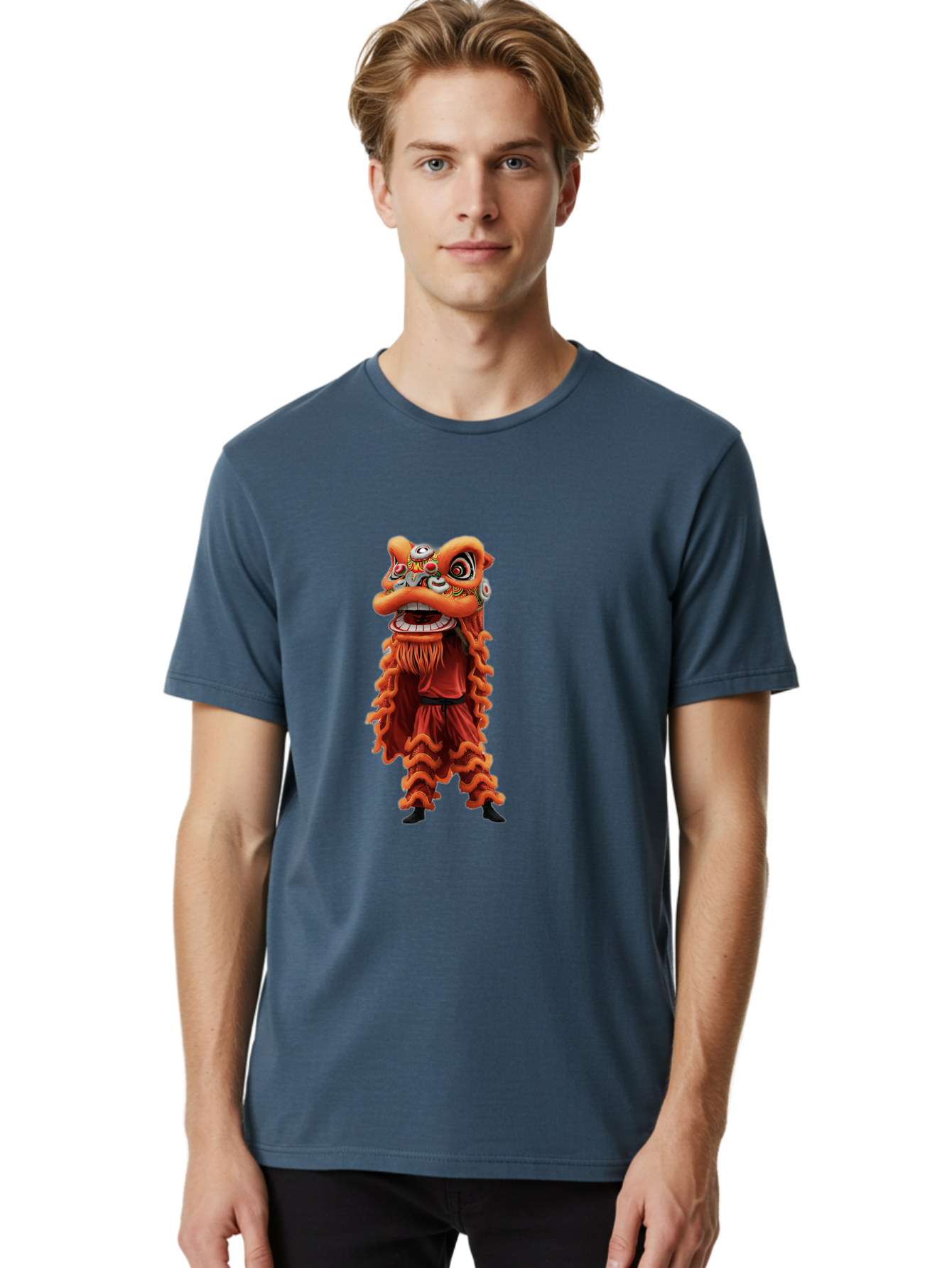 Chinese-Lion-Dance-Costume Men'S Graphic Tee, 100% Cotton, Comfortable Casual Summer Wear, Machine Washable, Chinese Lion Dance, Traditional Costume, Cultural Heritage, Mythical Creature, Vibrant Colors, Lively Performance, Intricate Design, Baa294 24