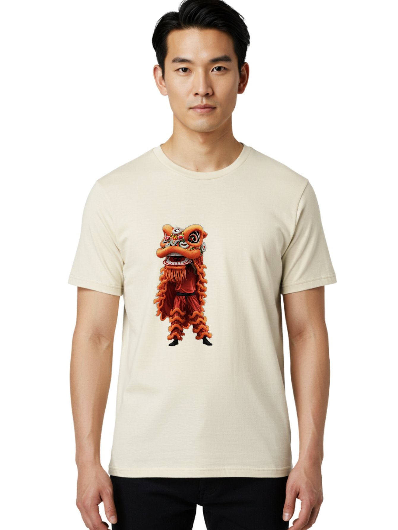 Chinese-Lion-Dance-Costume Men'S Graphic Tee, 100% Cotton, Comfortable Casual Summer Wear, Machine Washable, Chinese Lion Dance, Traditional Costume, Cultural Heritage, Mythical Creature, Vibrant Colors, Lively Performance, Intricate Design, Baa294 30