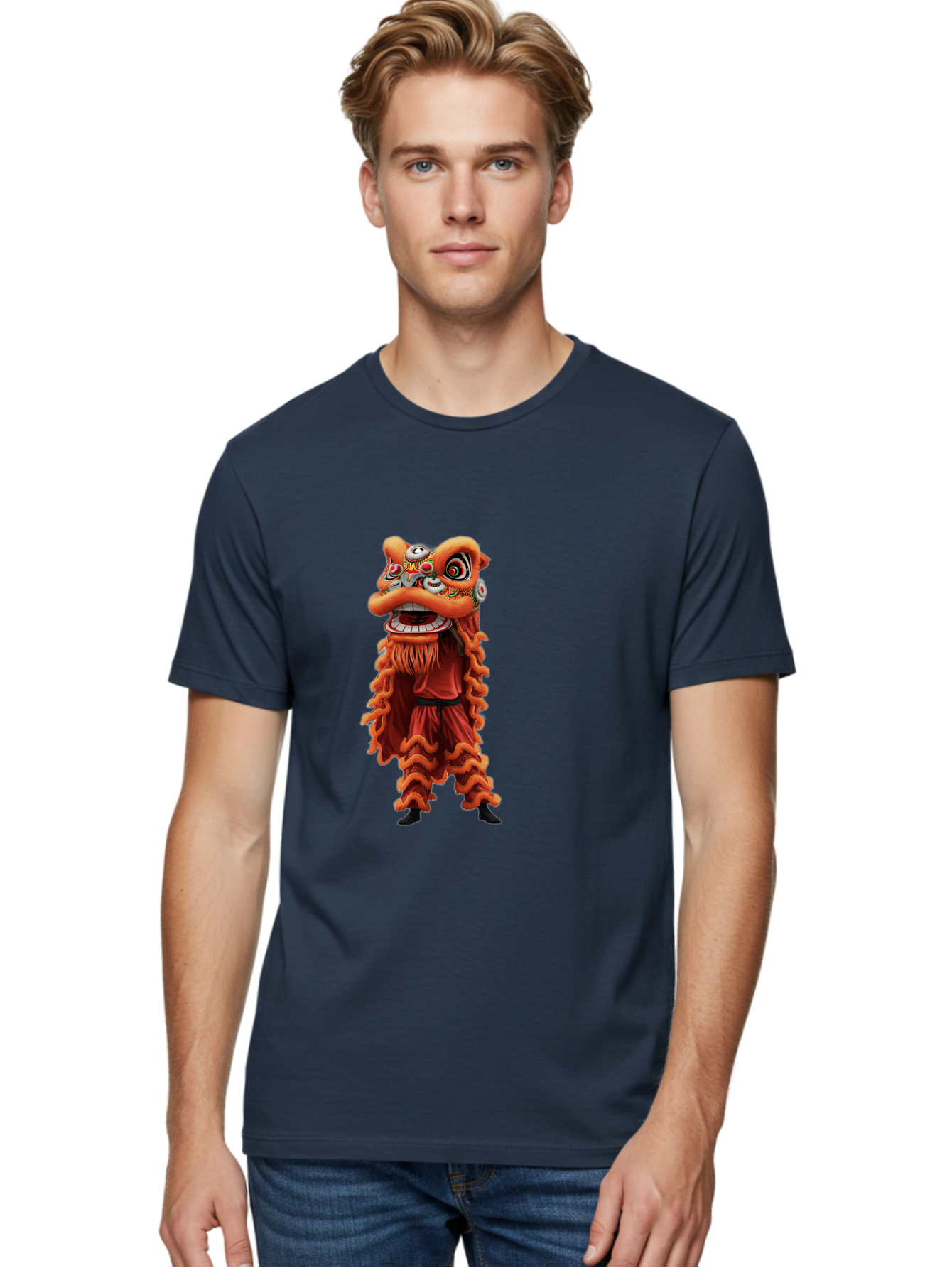 Chinese-Lion-Dance-Costume Men'S Graphic Tee, 100% Cotton, Comfortable Casual Summer Wear, Machine Washable, Chinese Lion Dance, Traditional Costume, Cultural Heritage, Mythical Creature, Vibrant Colors, Lively Performance, Intricate Design, Baa294 6