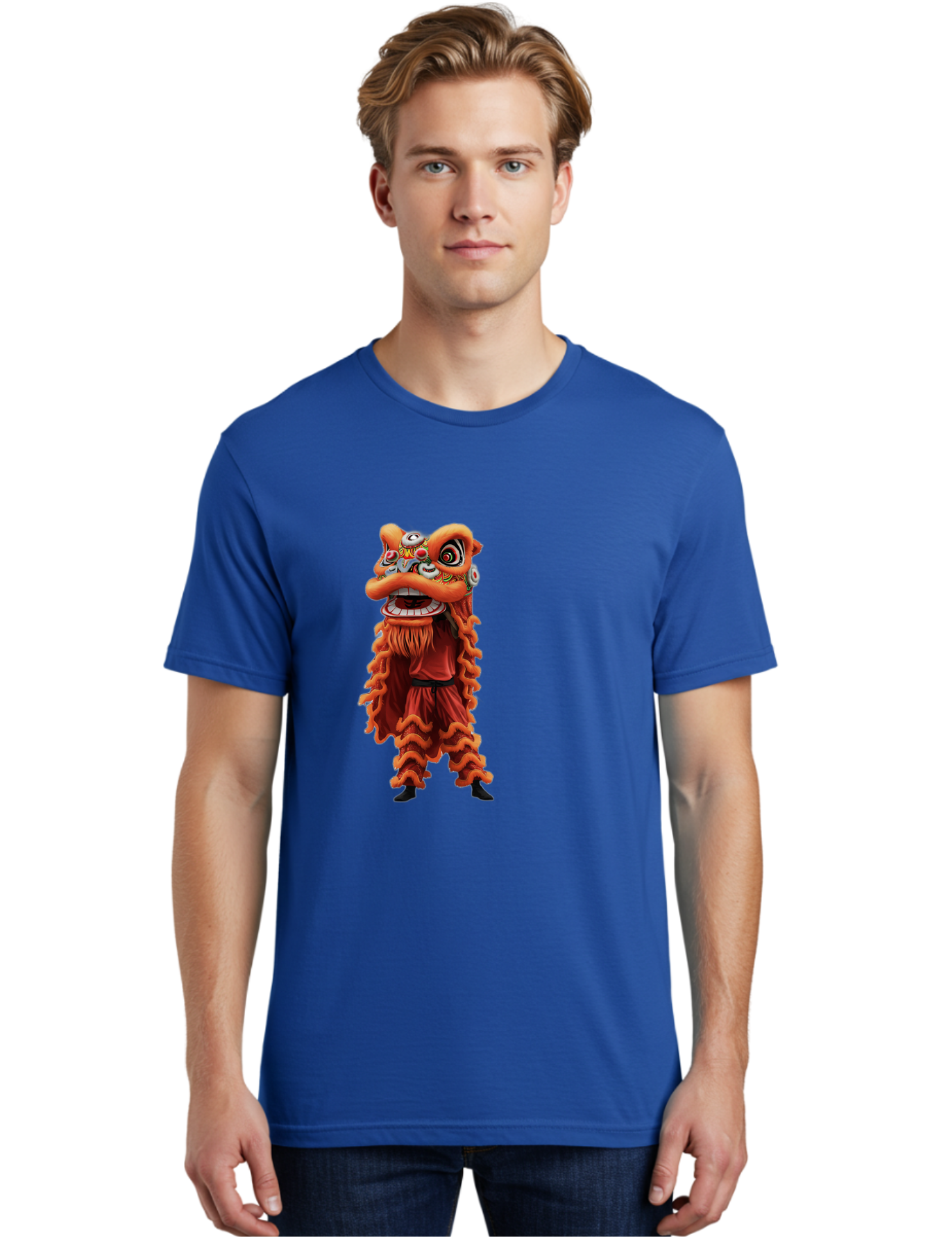 Chinese-Lion-Dance-Costume Men'S Graphic Tee, 100% Cotton, Comfortable Casual Summer Wear, Machine Washable, Chinese Lion Dance, Traditional Costume, Cultural Heritage, Mythical Creature, Vibrant Colors, Lively Performance, Intricate Design, Baa294 14