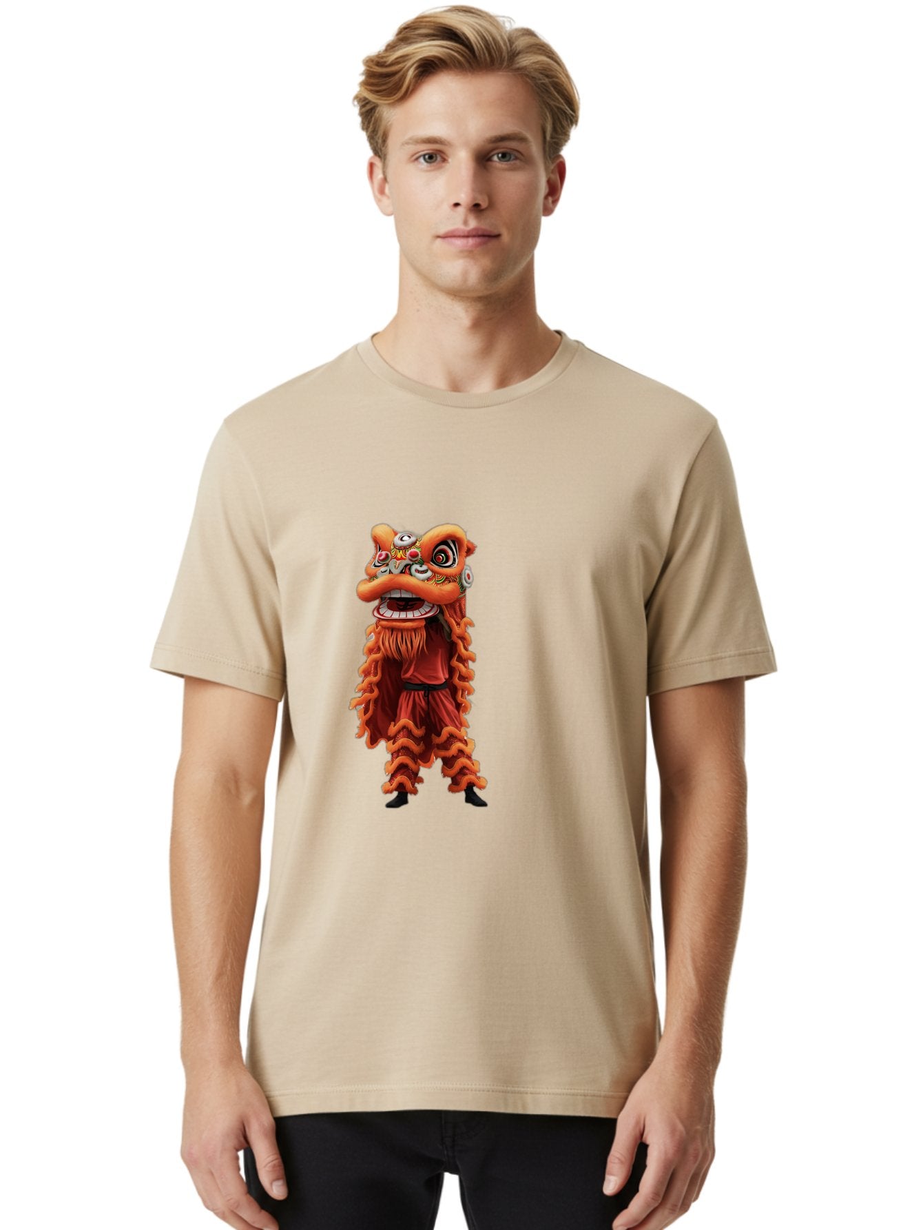 Chinese-Lion-Dance-Costume Men'S Graphic Tee, 100% Cotton, Comfortable Casual Summer Wear, Machine Washable, Chinese Lion Dance, Traditional Costume, Cultural Heritage, Mythical Creature, Vibrant Colors, Lively Performance, Intricate Design, Baa294 26