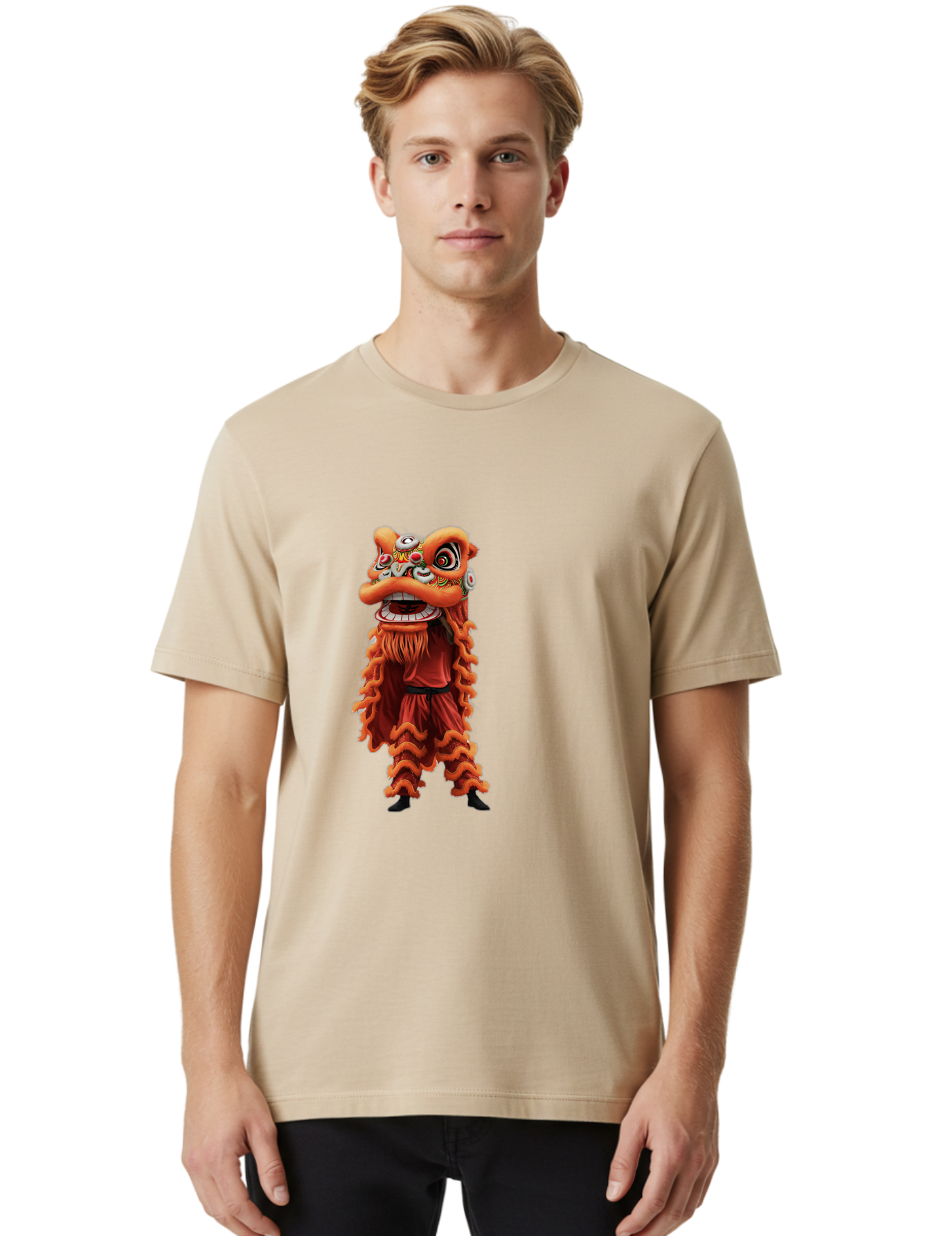 Chinese-Lion-Dance-Costume Men'S Graphic Tee, 100% Cotton, Comfortable Casual Summer Wear, Machine Washable, Chinese Lion Dance, Traditional Costume, Cultural Heritage, Mythical Creature, Vibrant Colors, Lively Performance, Intricate Design, Baa294 10