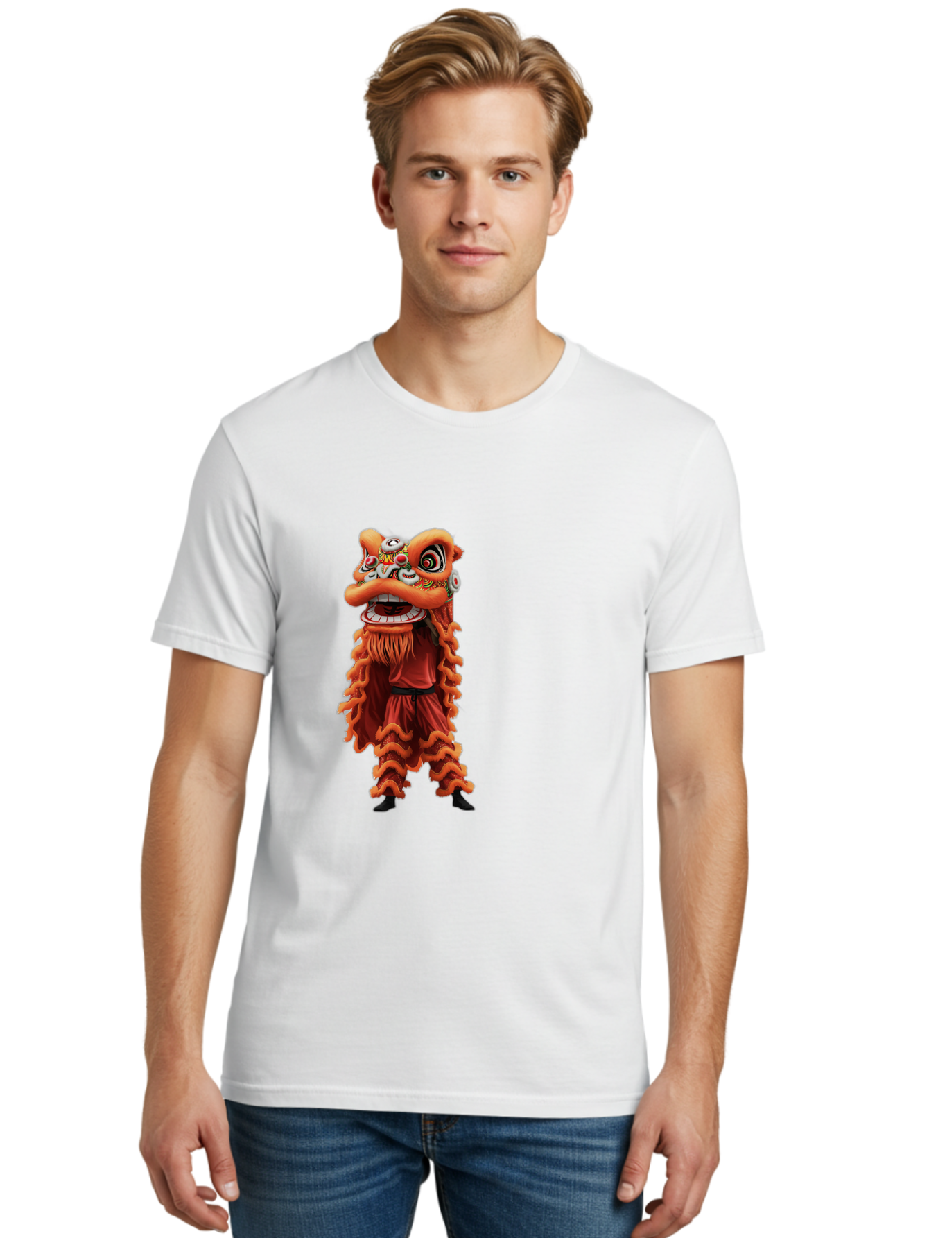 Chinese-Lion-Dance-Costume Men'S Graphic Tee, 100% Cotton, Comfortable Casual Summer Wear, Machine Washable, Chinese Lion Dance, Traditional Costume, Cultural Heritage, Mythical Creature, Vibrant Colors, Lively Performance, Intricate Design, Baa294 28