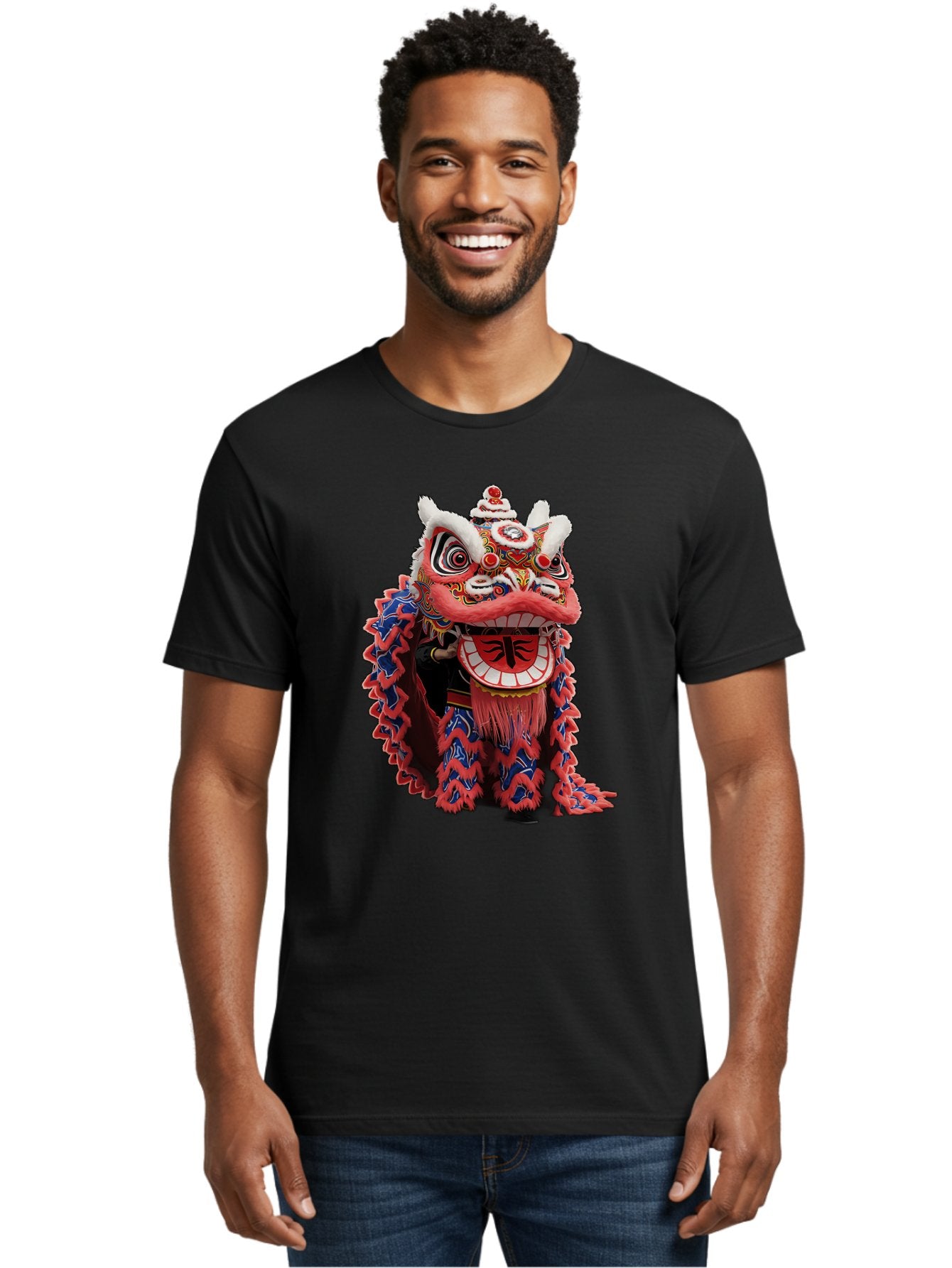 Chinese-Lion-Dance-Head Men'S Graphic Tee, 100% Cotton, Comfortable Casual Summer Wear, Machine Washable, Lion Dance Costume, Traditional Chinese Lion, Cultural Heritage, Festive Celebrations, Vibrant Colors, Intricate Designs, Baa295 25