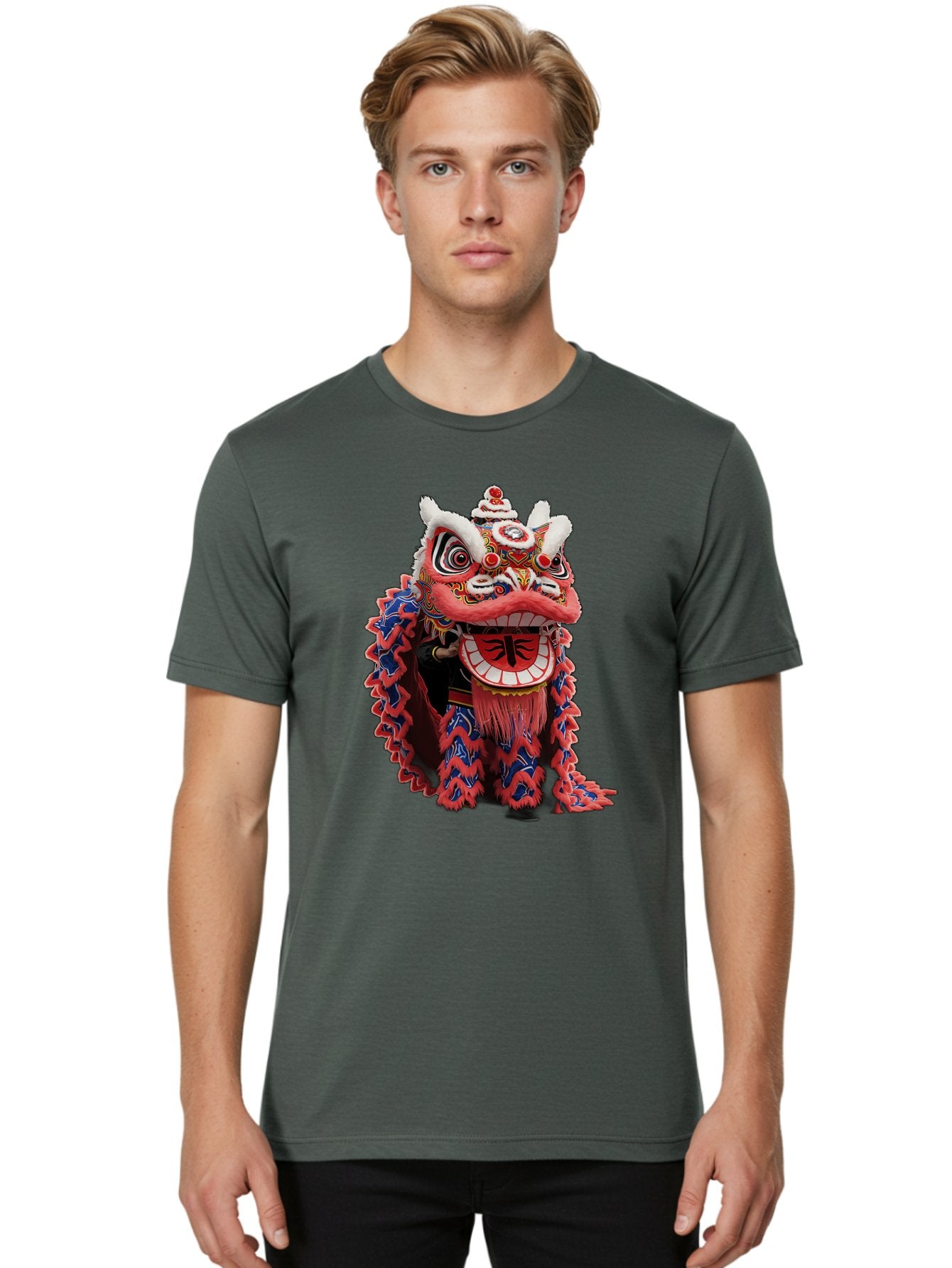Chinese-Lion-Dance-Head Men'S Graphic Tee, 100% Cotton, Comfortable Casual Summer Wear, Machine Washable, Lion Dance Costume, Traditional Chinese Lion, Cultural Heritage, Festive Celebrations, Vibrant Colors, Intricate Designs, Baa295 16