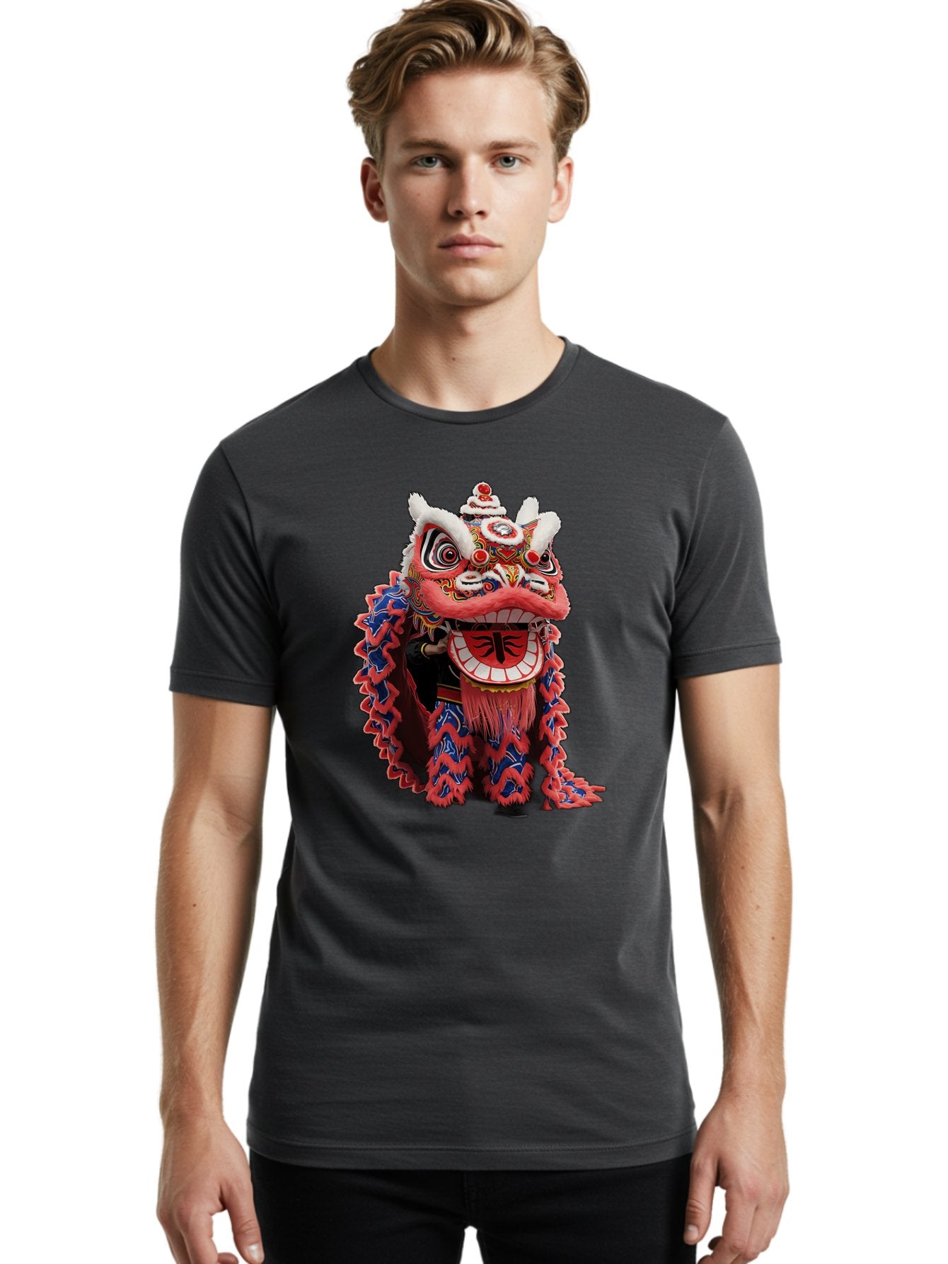 Chinese-Lion-Dance-Head Men'S Graphic Tee, 100% Cotton, Comfortable Casual Summer Wear, Machine Washable, Lion Dance Costume, Traditional Chinese Lion, Cultural Heritage, Festive Celebrations, Vibrant Colors, Intricate Designs, Baa295 24