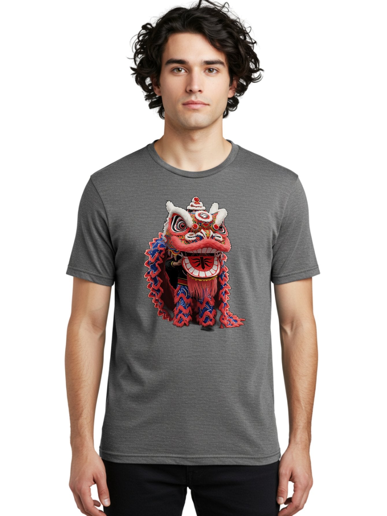 Chinese-Lion-Dance-Head Men'S Graphic Tee, 100% Cotton, Comfortable Casual Summer Wear, Machine Washable, Lion Dance Costume, Traditional Chinese Lion, Cultural Heritage, Festive Celebrations, Vibrant Colors, Intricate Designs, Baa295 19