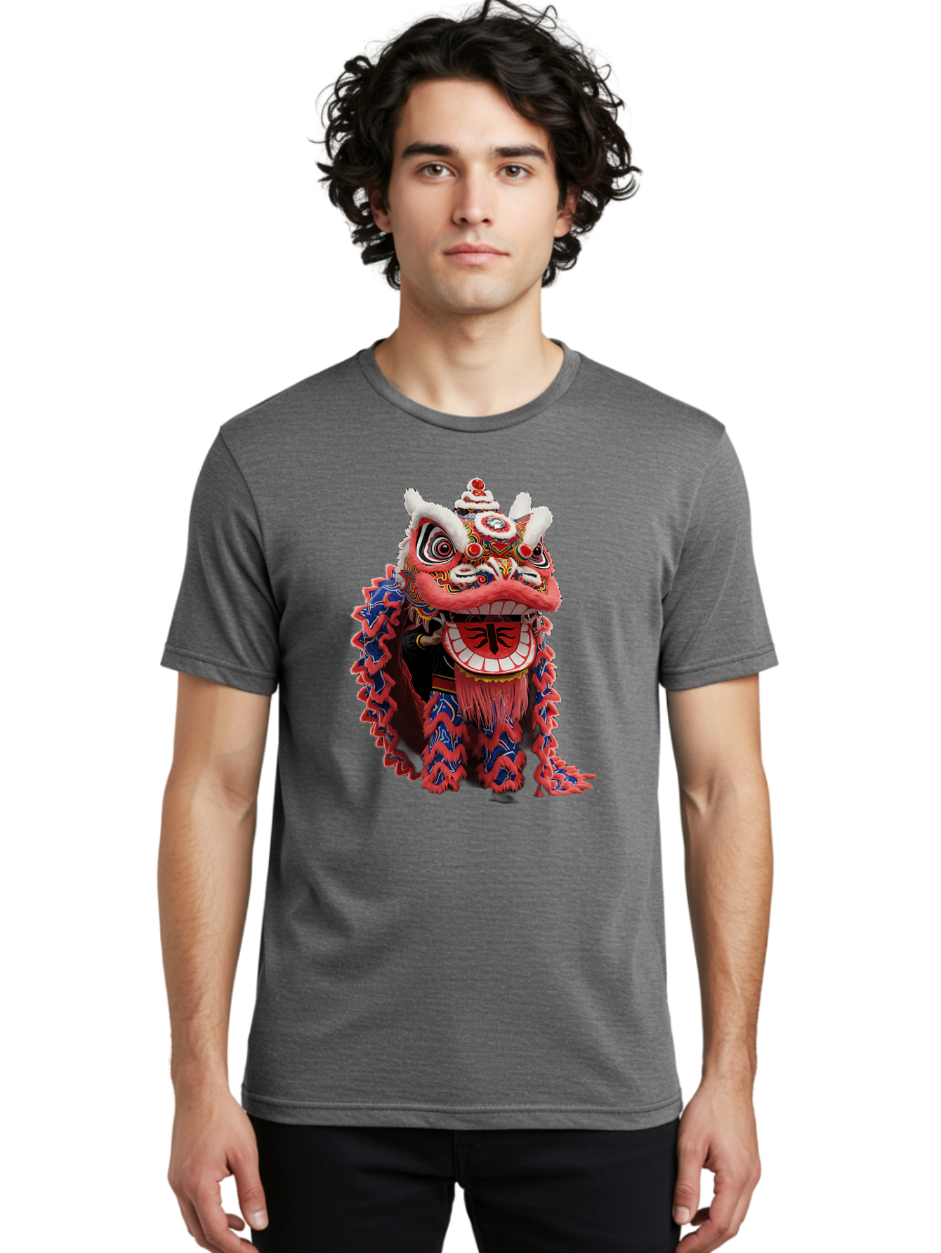 Chinese-Lion-Dance-Head Men'S Graphic Tee, 100% Cotton, Comfortable Casual Summer Wear, Machine Washable, Lion Dance Costume, Traditional Chinese Lion, Cultural Heritage, Festive Celebrations, Vibrant Colors, Intricate Designs, Baa295 22