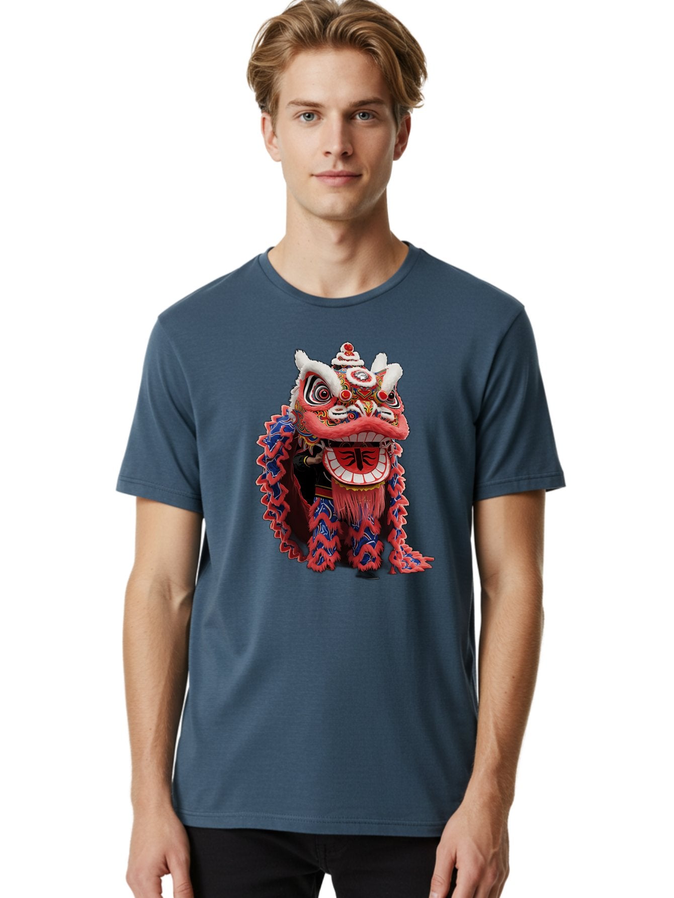 Chinese-Lion-Dance-Head Men'S Graphic Tee, 100% Cotton, Comfortable Casual Summer Wear, Machine Washable, Lion Dance Costume, Traditional Chinese Lion, Cultural Heritage, Festive Celebrations, Vibrant Colors, Intricate Designs, Baa295 23