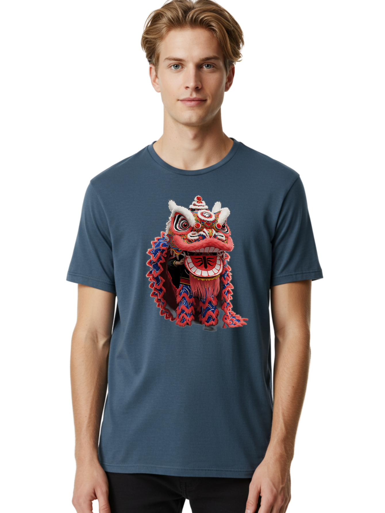 Chinese-Lion-Dance-Head Men'S Graphic Tee, 100% Cotton, Comfortable Casual Summer Wear, Machine Washable, Lion Dance Costume, Traditional Chinese Lion, Cultural Heritage, Festive Celebrations, Vibrant Colors, Intricate Designs, Baa295 16